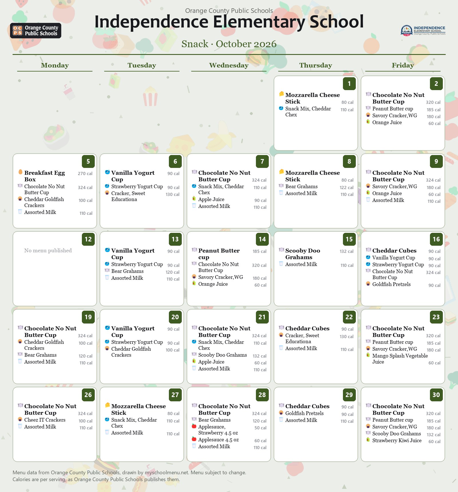 Independence Elementary School snack menu for October 2026 &mdash; Orange County Public Schools