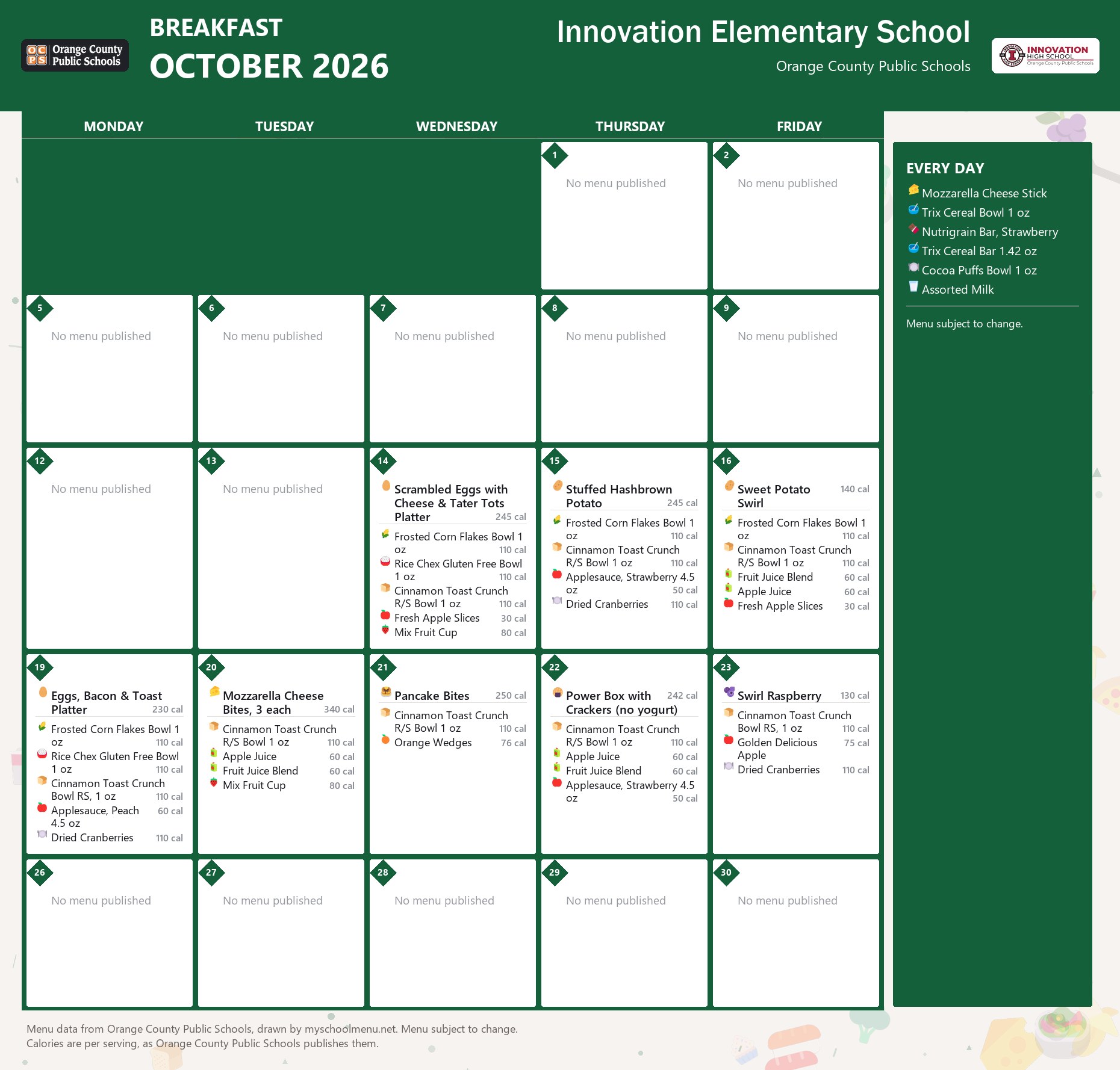 Innovation Elementary School breakfast menu for October 2026 &mdash; Orange County Public Schools