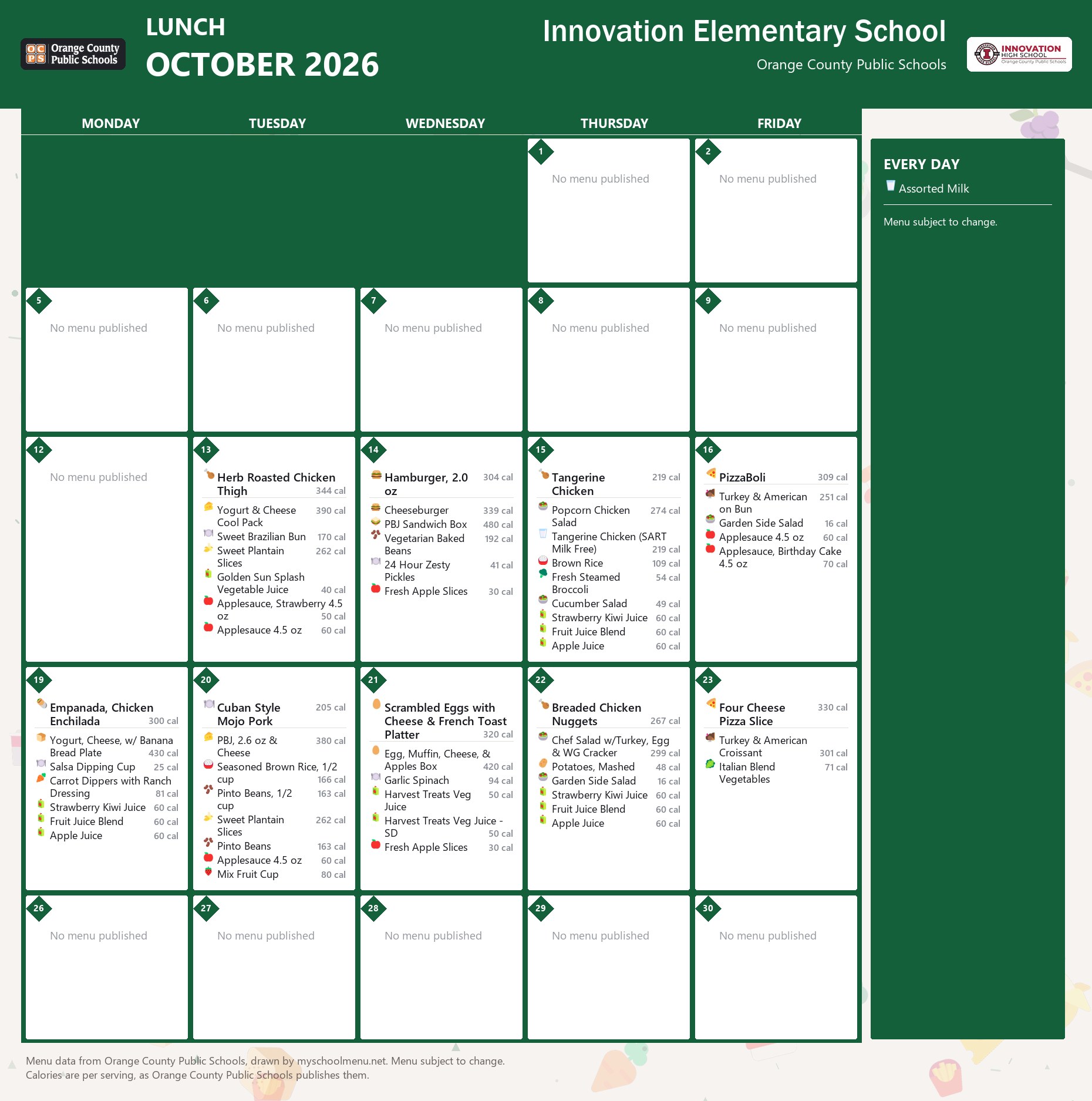 Innovation Elementary School lunch menu for October 2026 &mdash; Orange County Public Schools