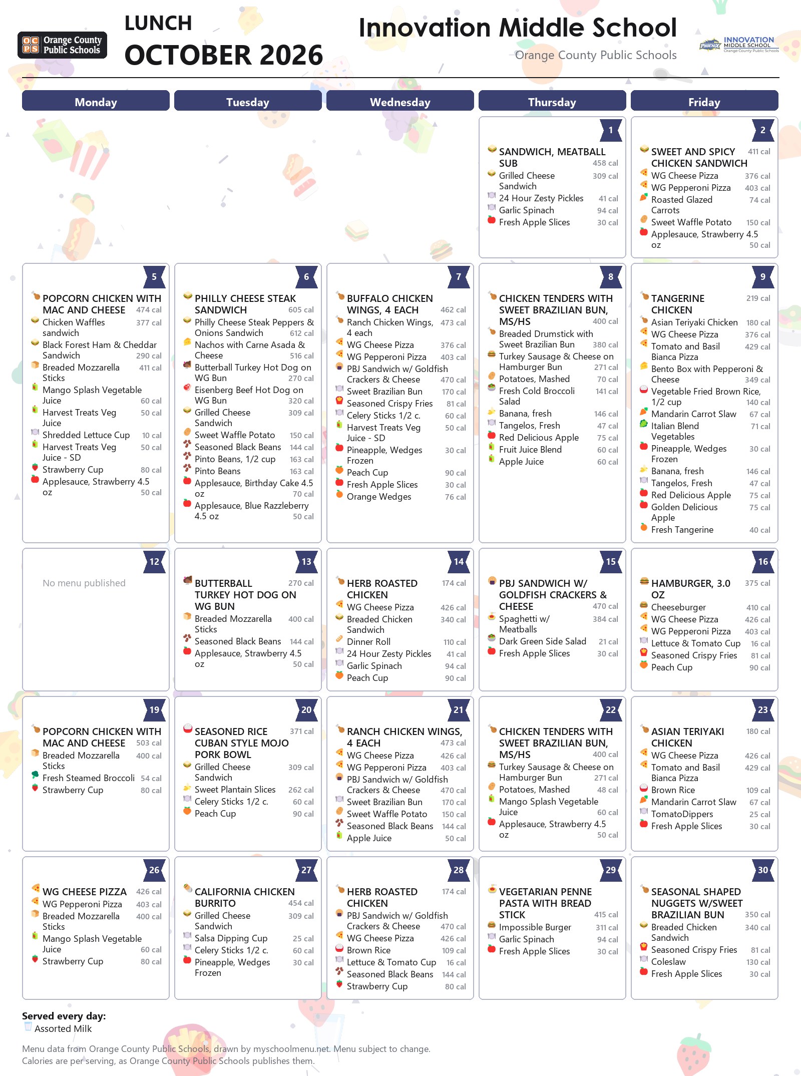 Innovation Middle School lunch menu for October 2026 &mdash; Orange County Public Schools