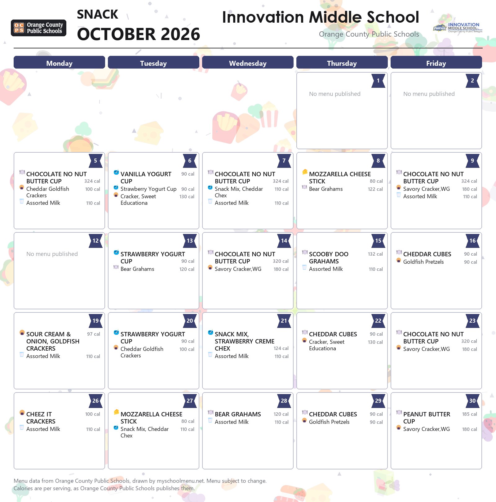 Innovation Middle School snack menu for October 2026 &mdash; Orange County Public Schools