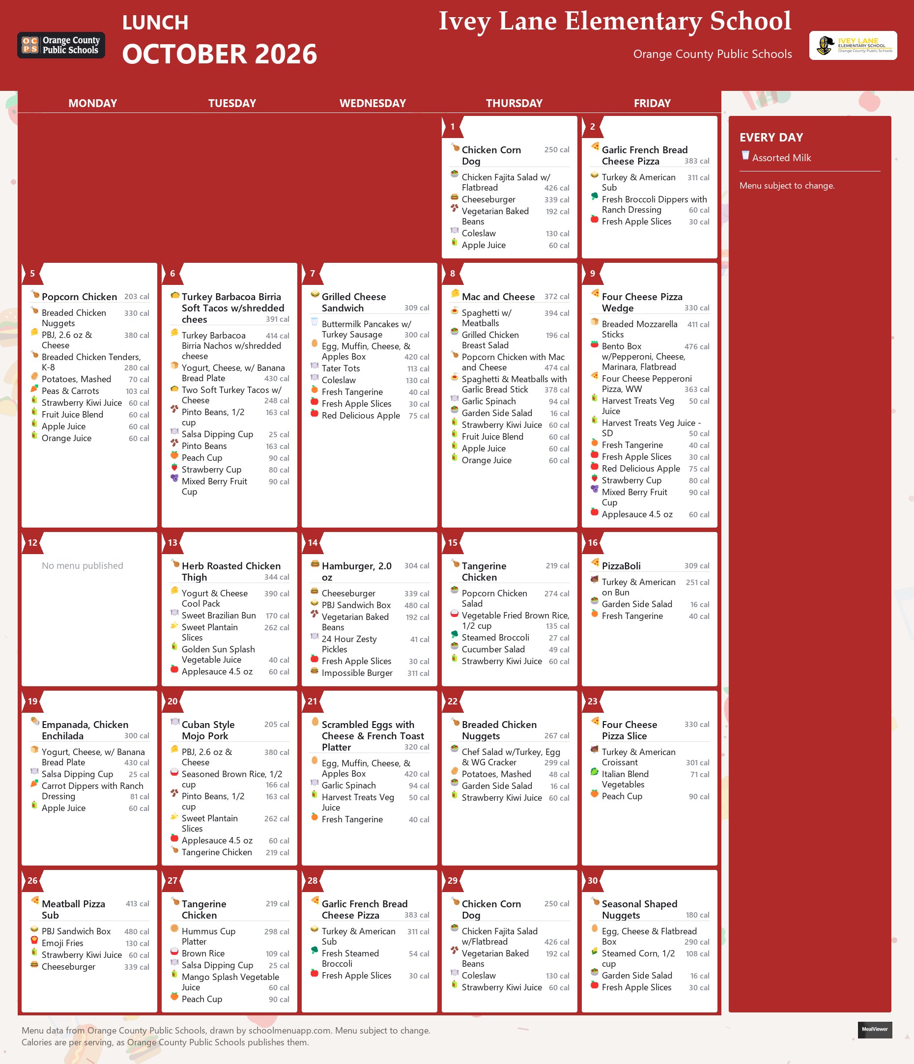 Ivey Lane Elementary School lunch menu for October 2026 &mdash; Orange County Public Schools
