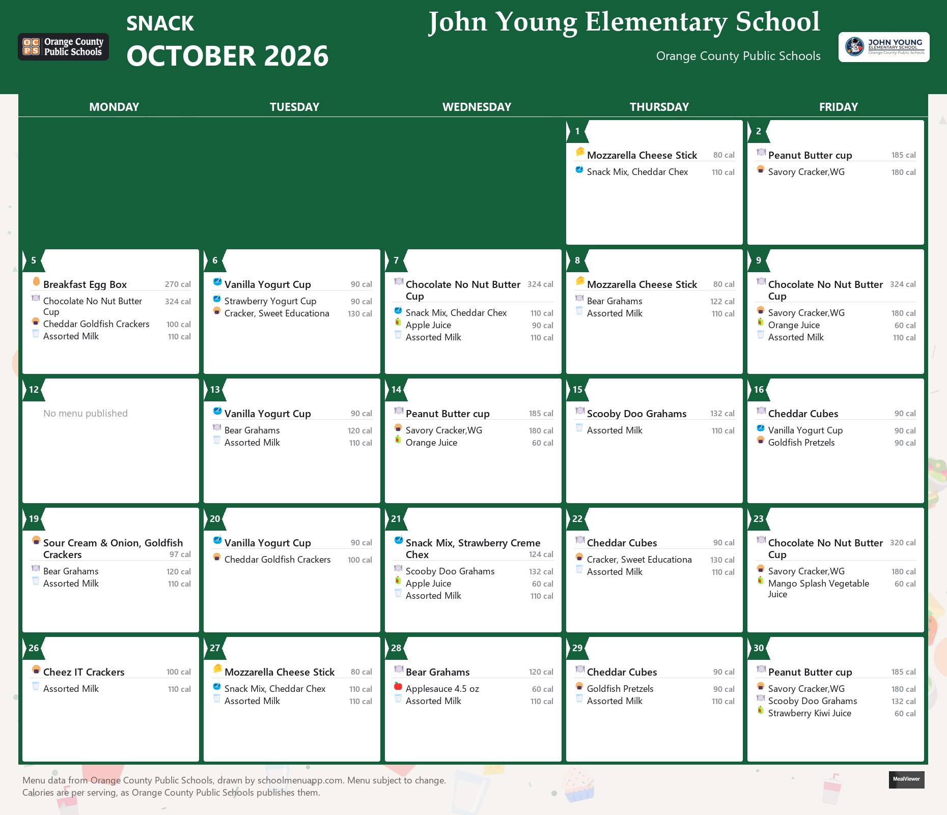 John Young Elementary School snack menu for October 2026 &mdash; Orange County Public Schools