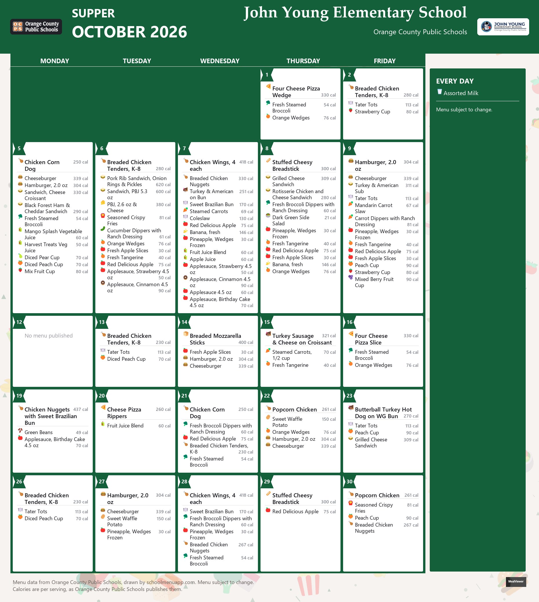 John Young Elementary School supper menu for October 2026 &mdash; Orange County Public Schools