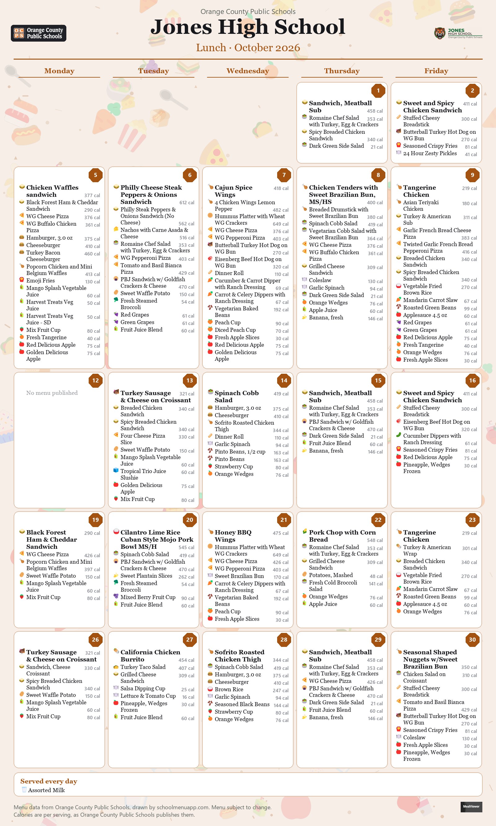 Jones High School lunch menu for October 2026 &mdash; Orange County Public Schools