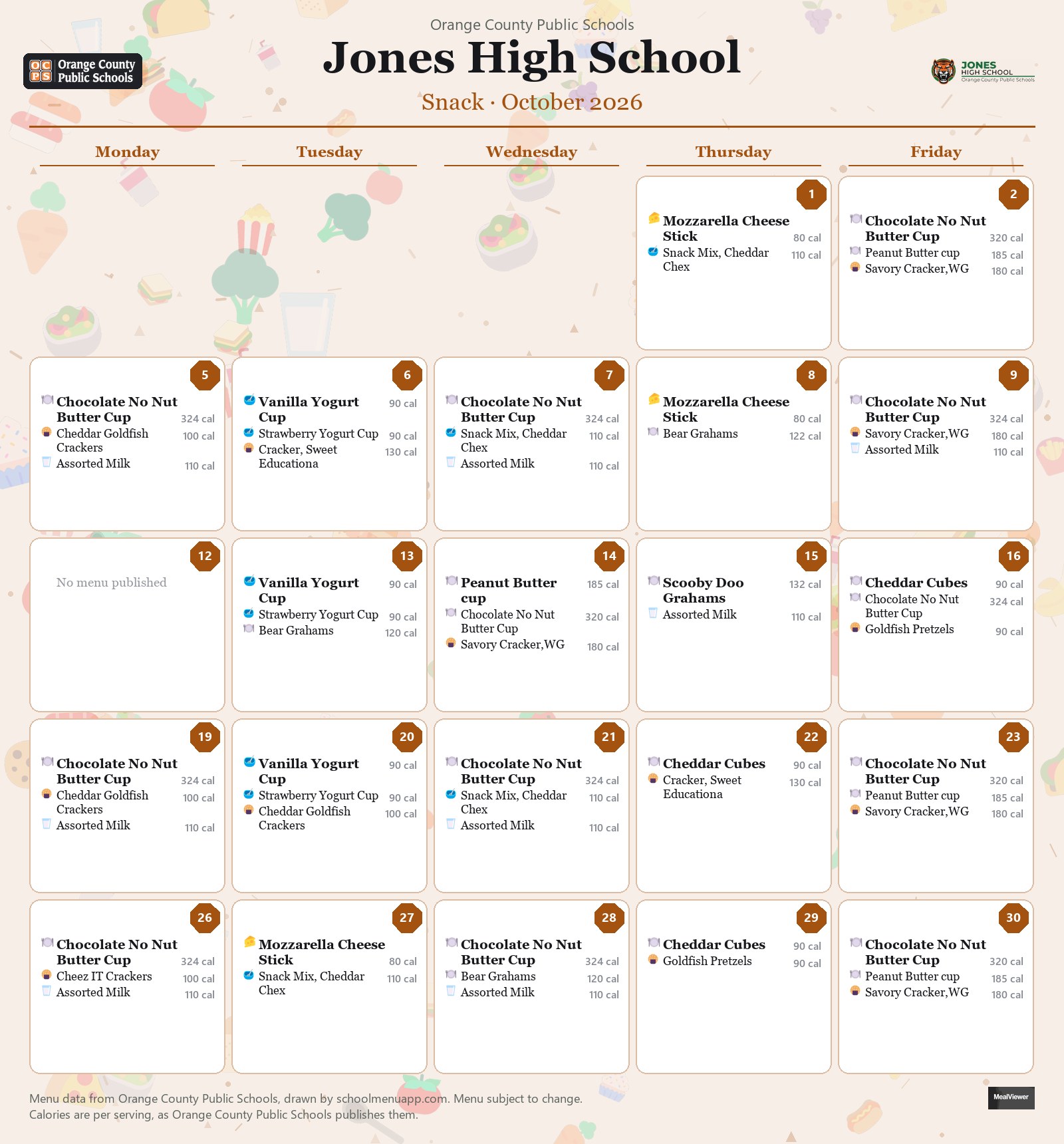 Jones High School snack menu for October 2026 &mdash; Orange County Public Schools