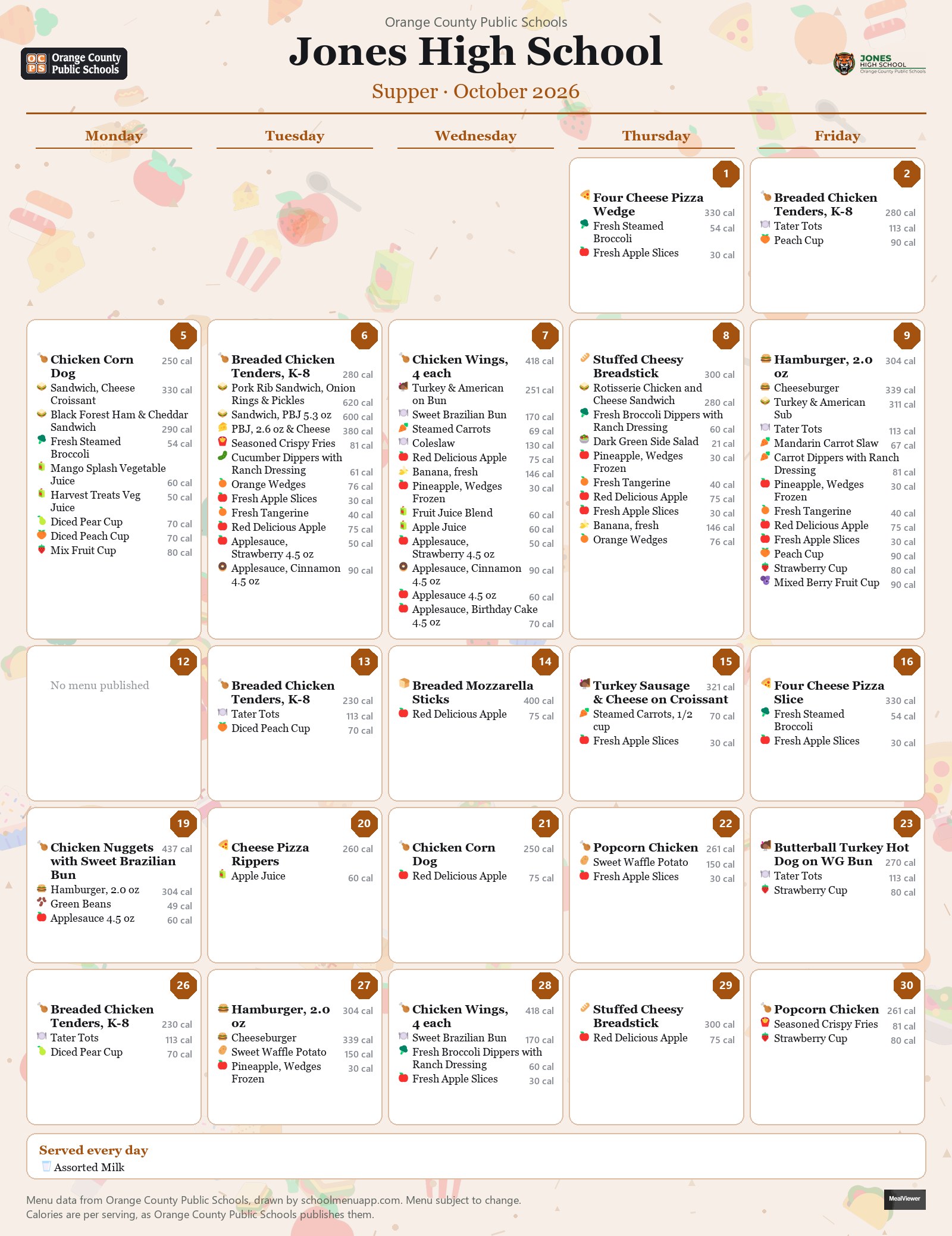 Jones High School supper menu for October 2026 &mdash; Orange County Public Schools