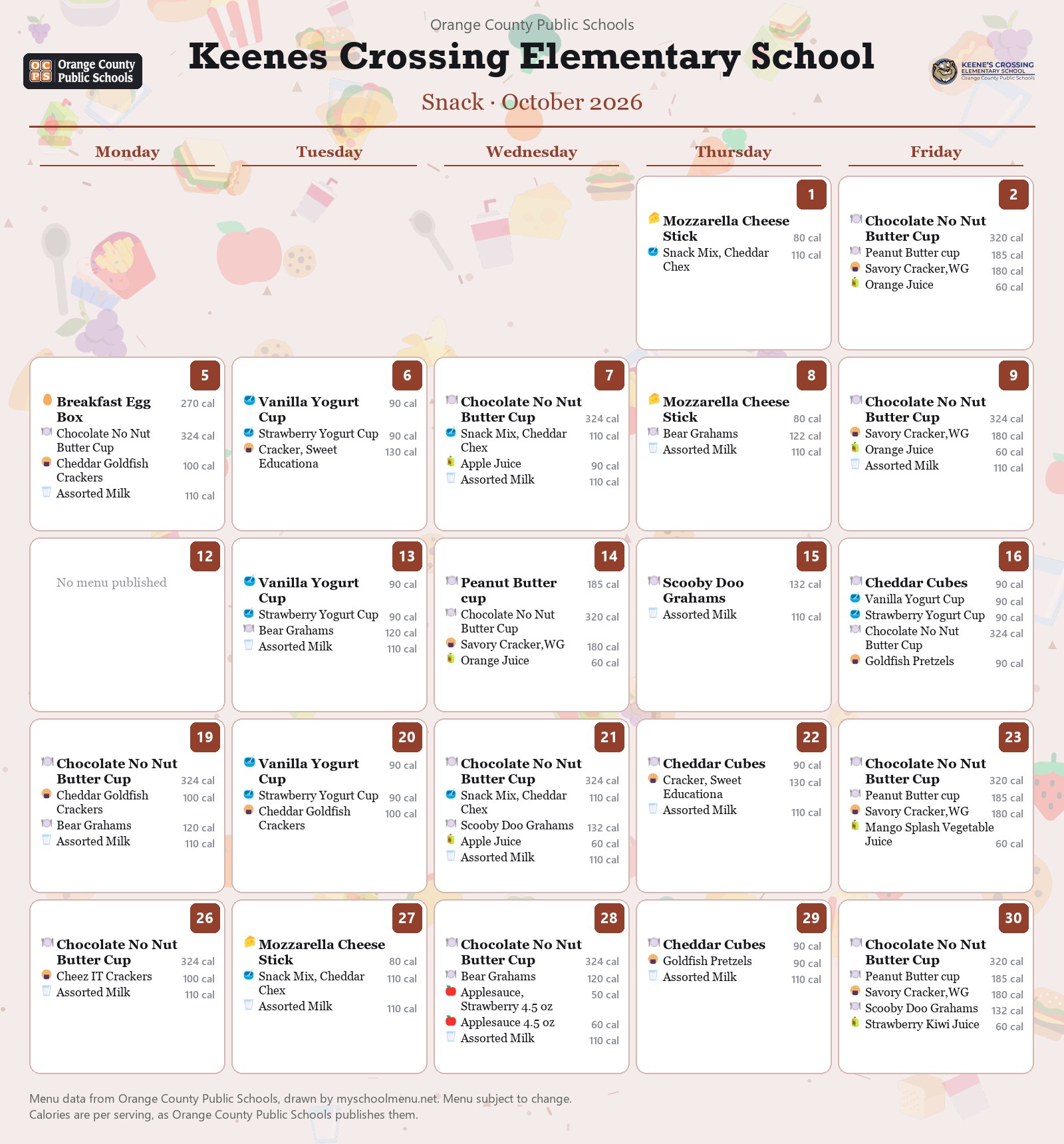Keenes Crossing Elementary School snack menu for October 2026 &mdash; Orange County Public Schools