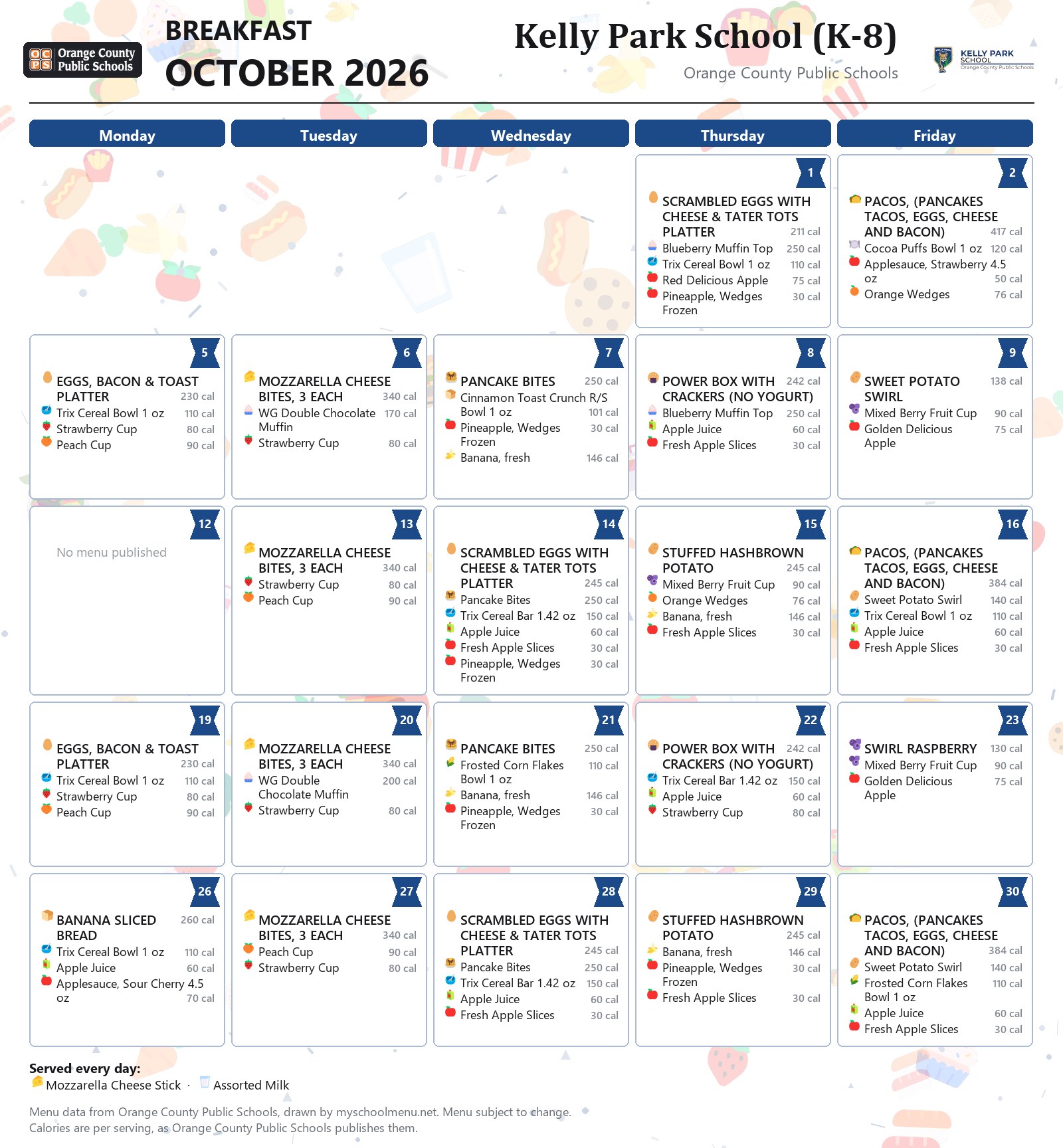 Kelly Park School (K-8) breakfast menu for October 2026 &mdash; Orange County Public Schools