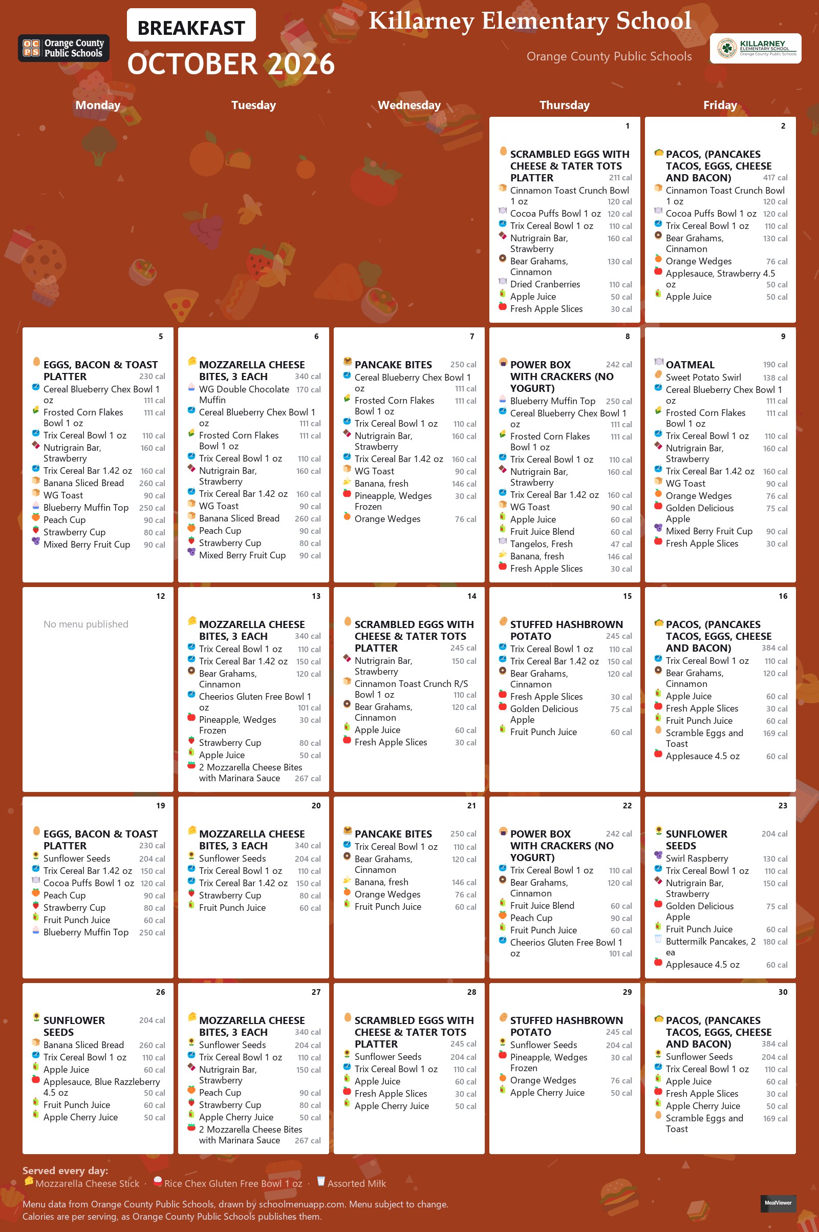 Killarney Elementary School breakfast menu for October 2026 &mdash; Orange County Public Schools