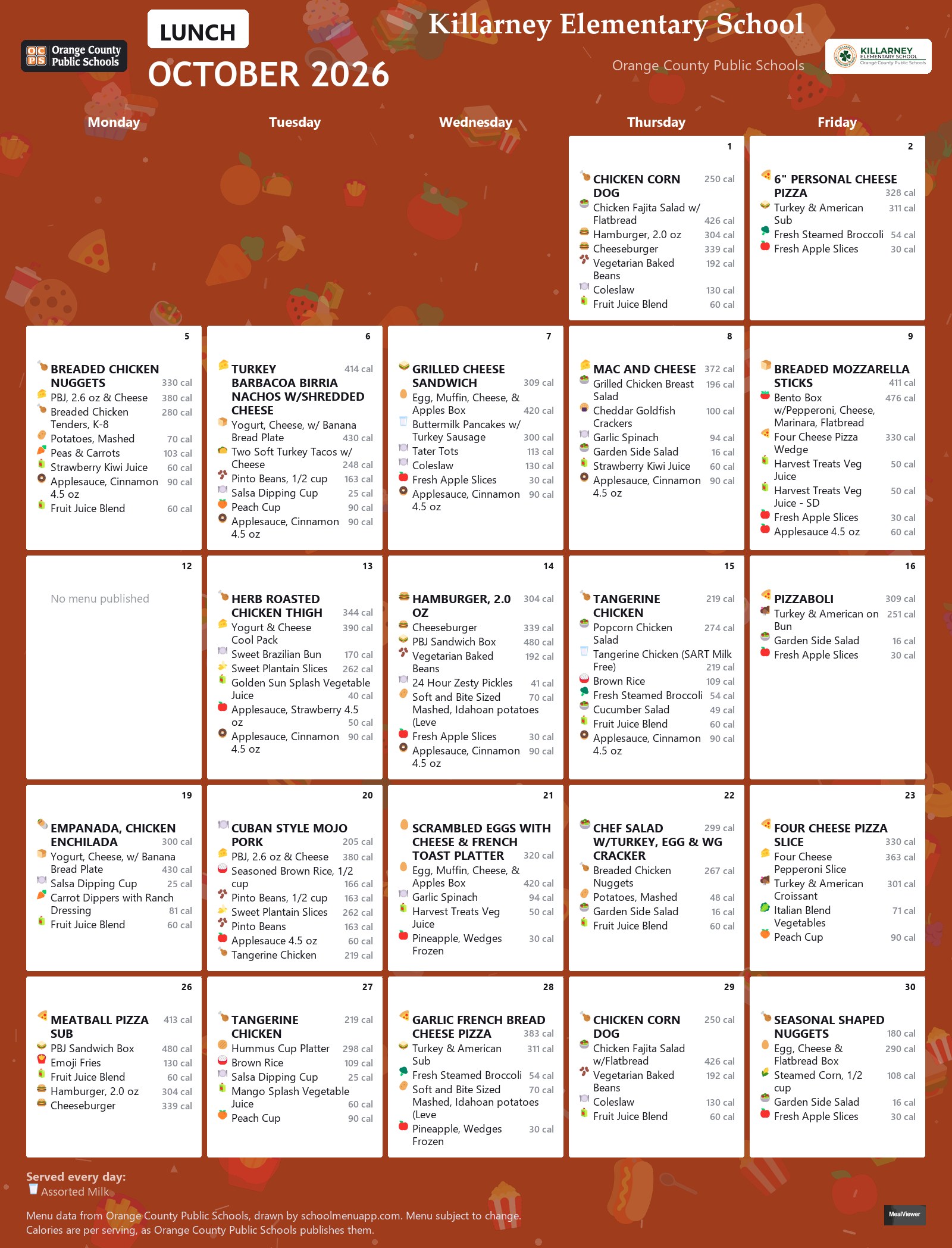 Killarney Elementary School lunch menu for October 2026 &mdash; Orange County Public Schools