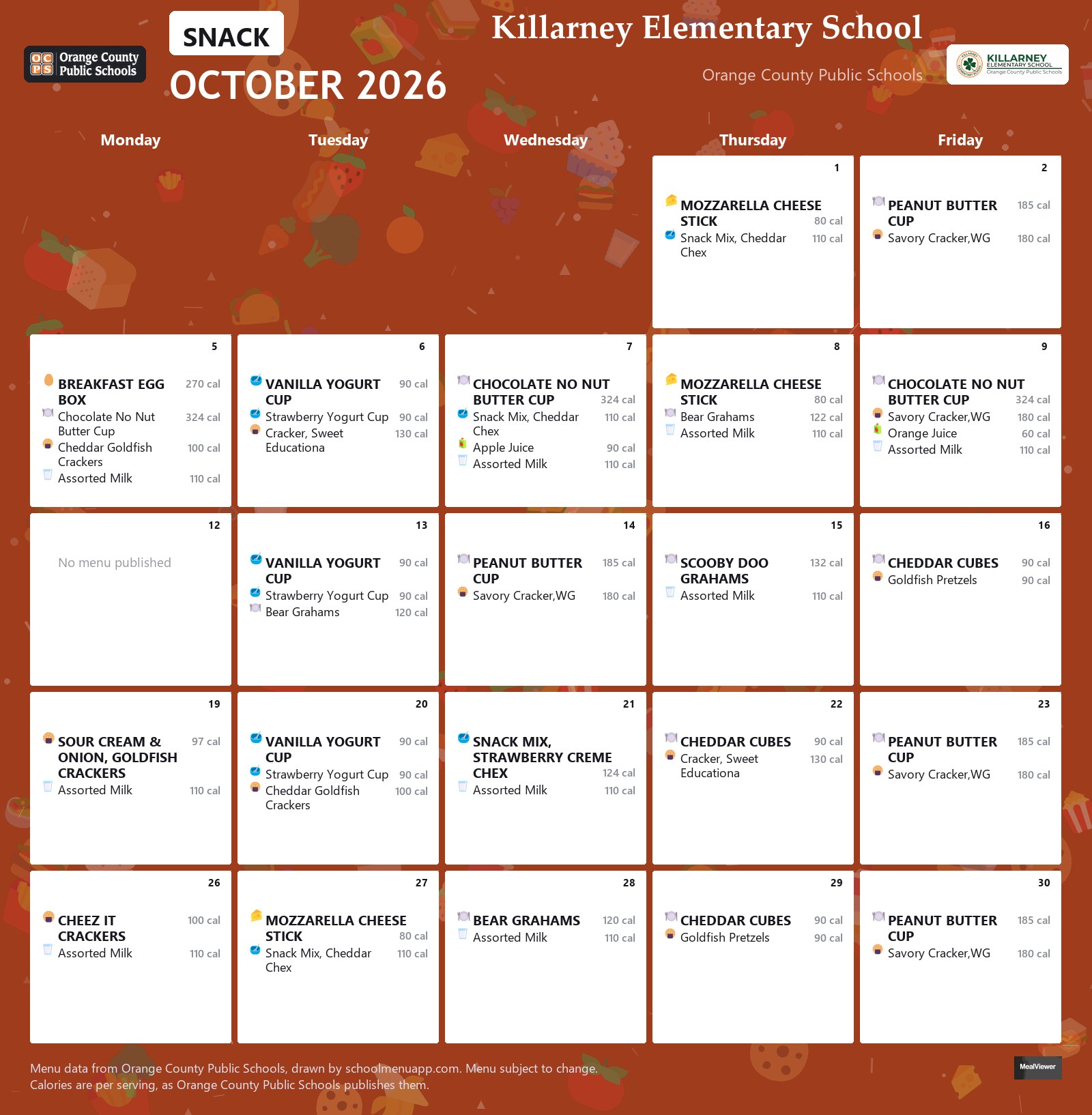 Killarney Elementary School snack menu for October 2026 &mdash; Orange County Public Schools