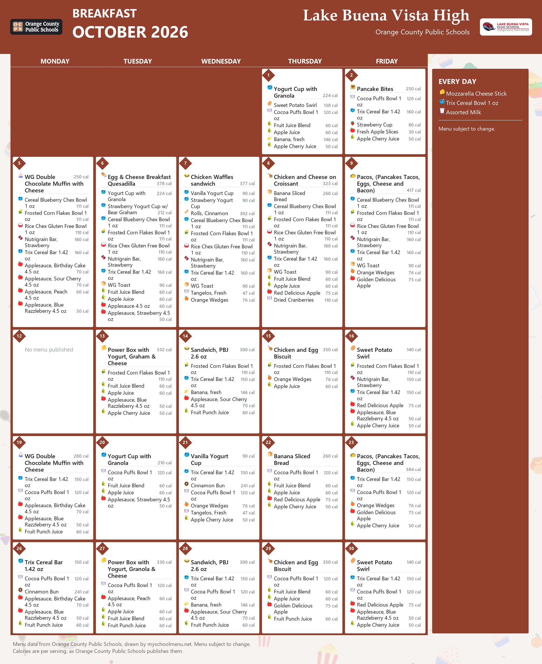 Lake Buena Vista High breakfast menu for October 2026 &mdash; Orange County Public Schools