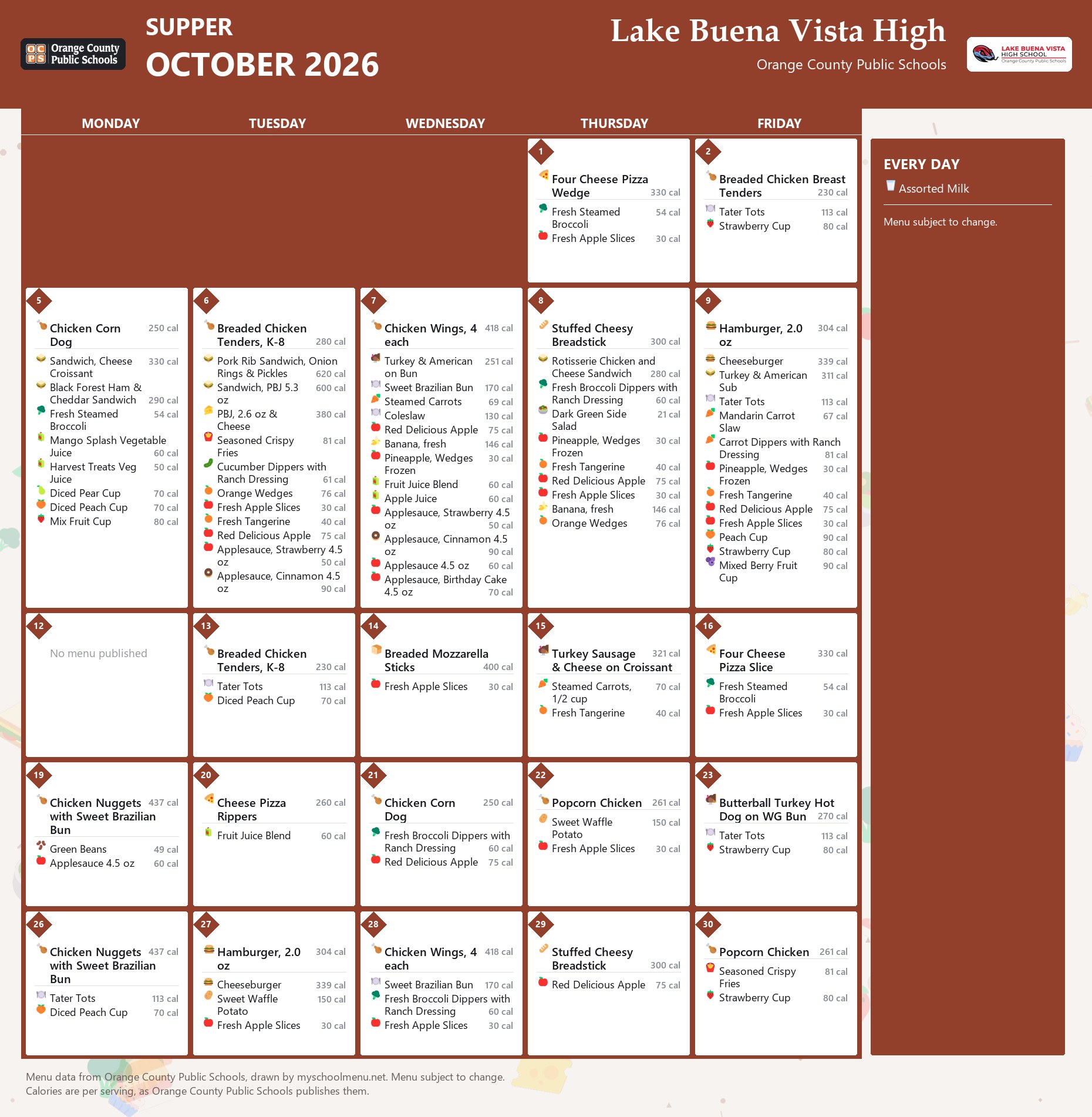 Lake Buena Vista High supper menu for October 2026 &mdash; Orange County Public Schools