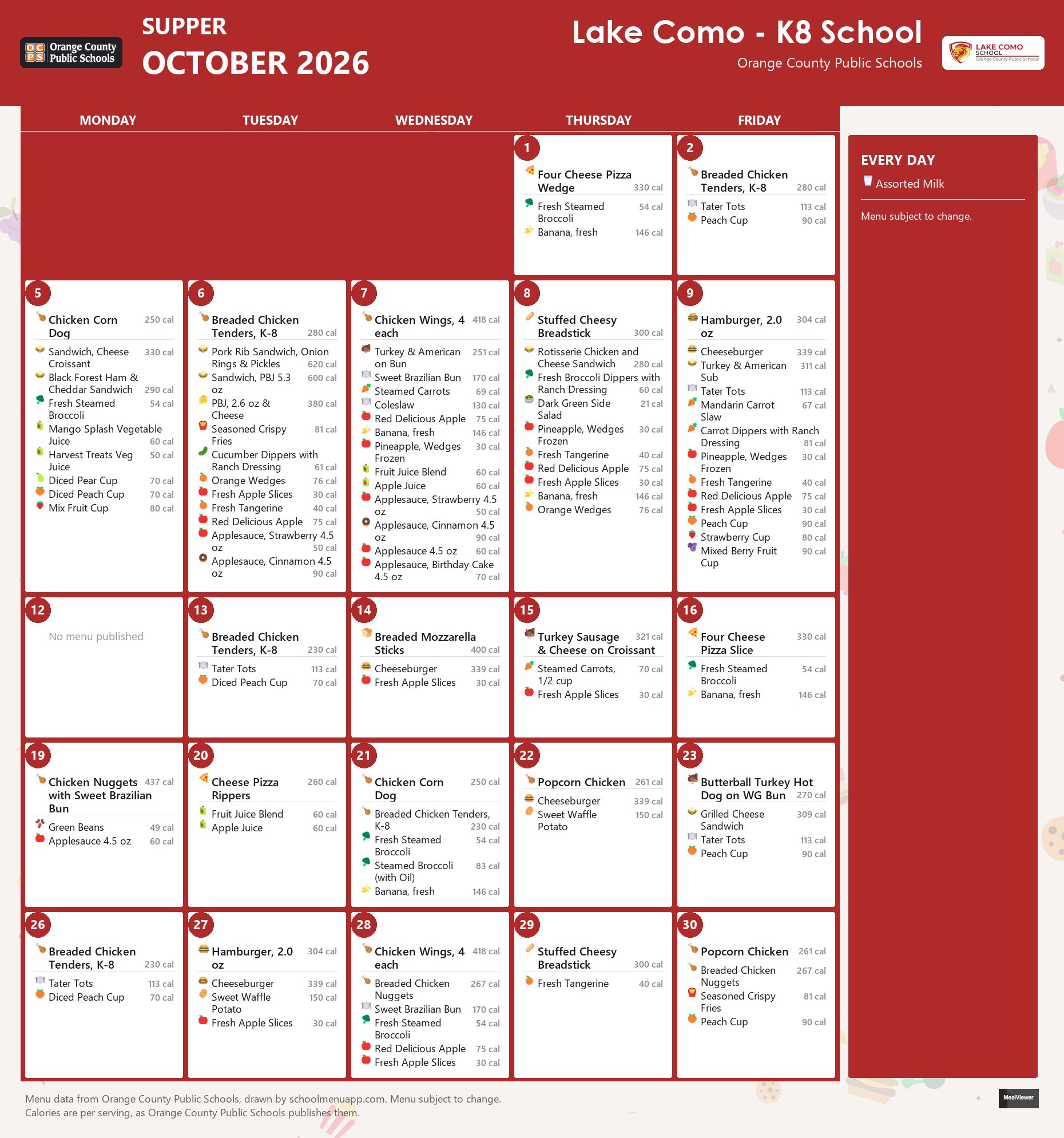Lake Como - K8 School supper menu for October 2026 &mdash; Orange County Public Schools