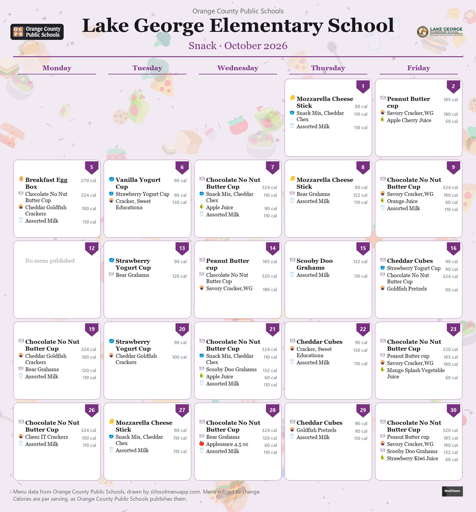 Lake George Elementary School snack menu for October 2026 &mdash; Orange County Public Schools
