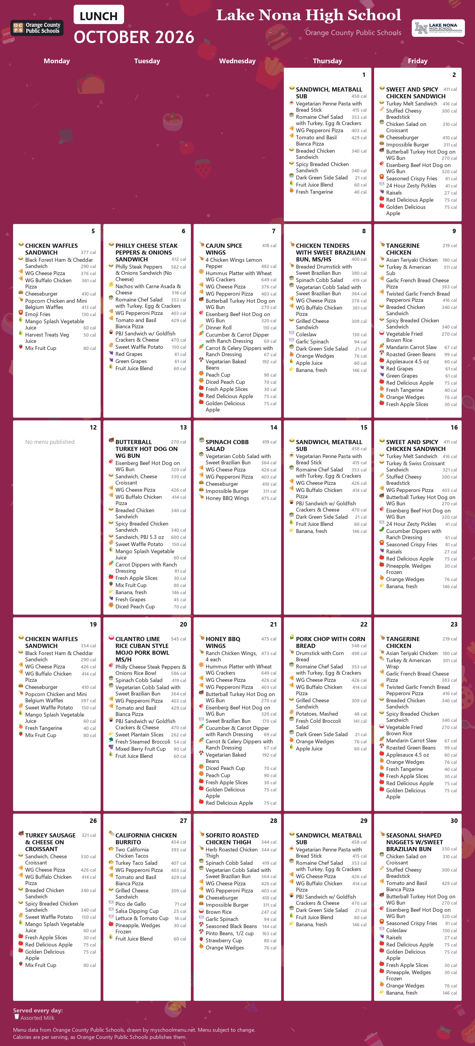 Lake Nona High School lunch menu for October 2026 &mdash; Orange County Public Schools