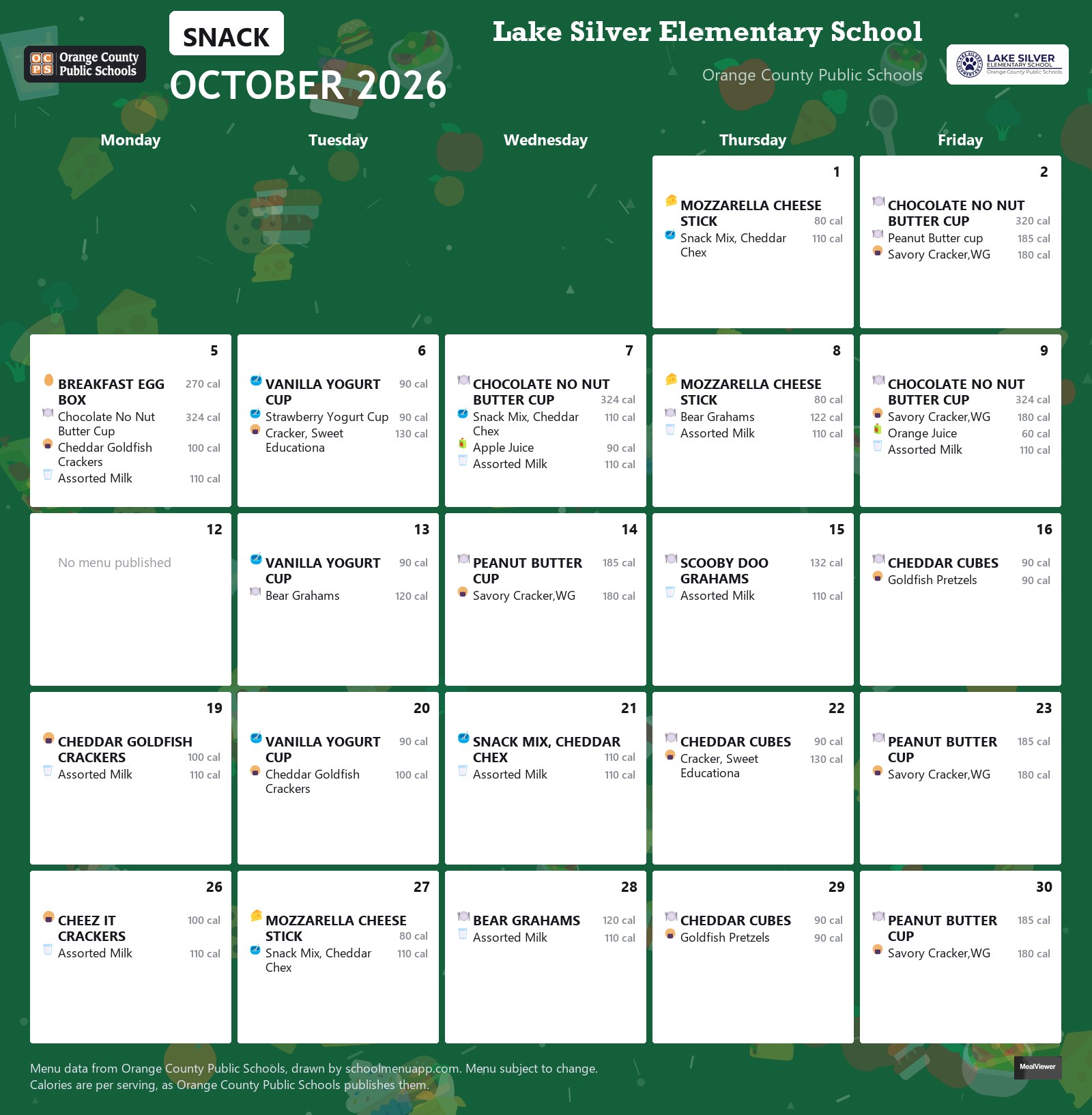 Lake Silver Elementary School snack menu for October 2026 &mdash; Orange County Public Schools