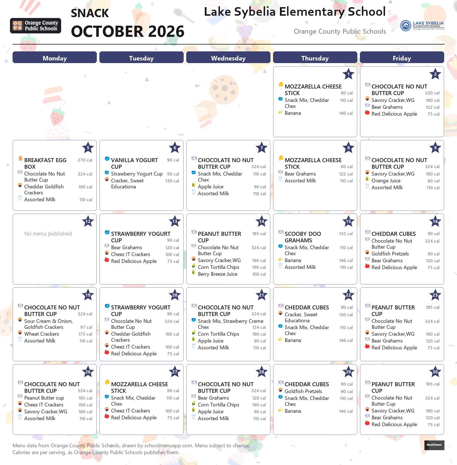 Lake Sybelia Elementary School snack menu for October 2026 &mdash; Orange County Public Schools