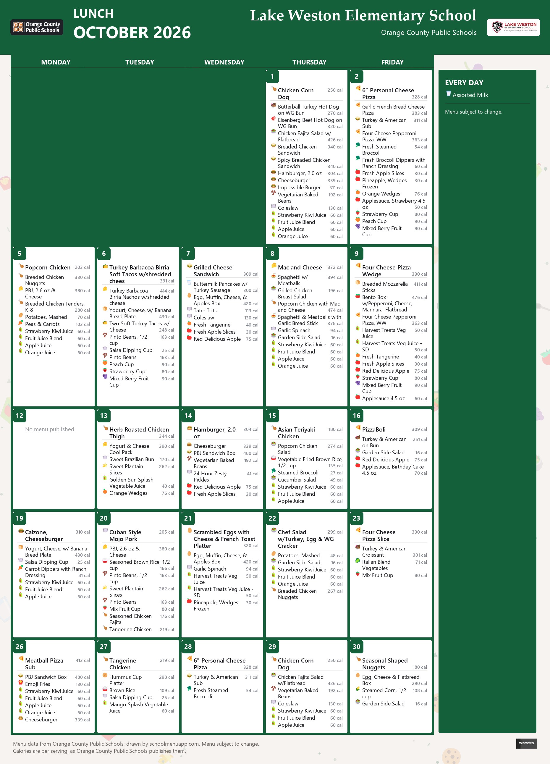 Lake Weston Elementary School lunch menu for October 2026 &mdash; Orange County Public Schools