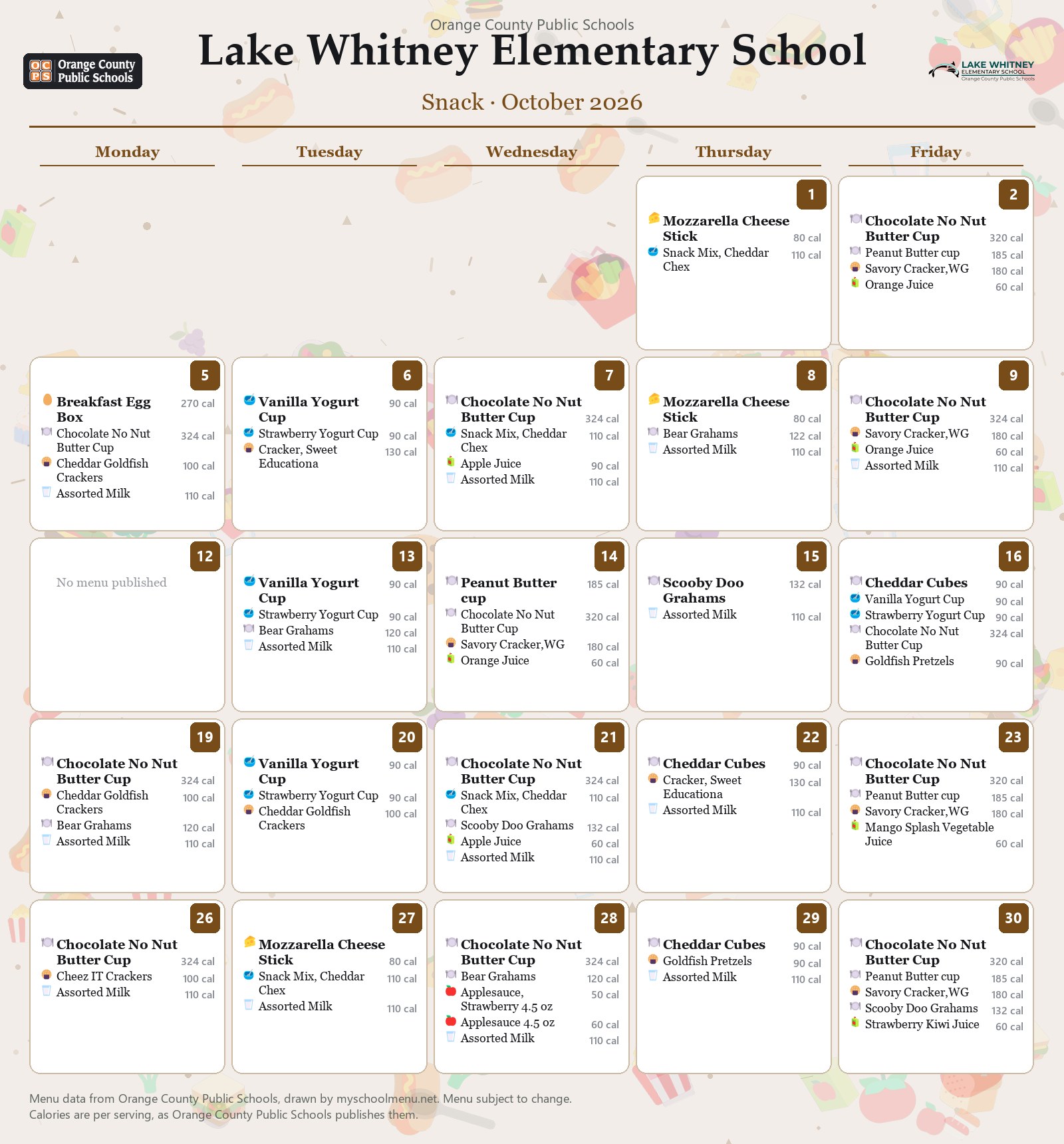 Lake Whitney Elementary School snack menu for October 2026 &mdash; Orange County Public Schools