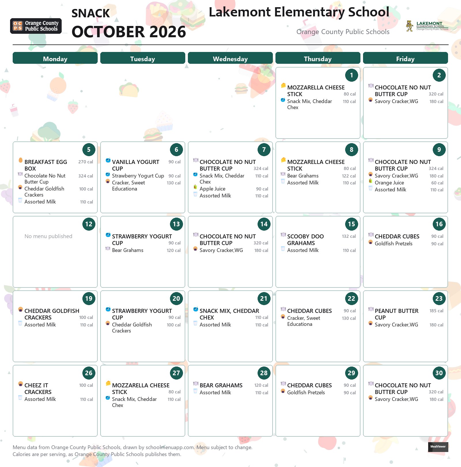 Lakemont Elementary School snack menu for October 2026 &mdash; Orange County Public Schools