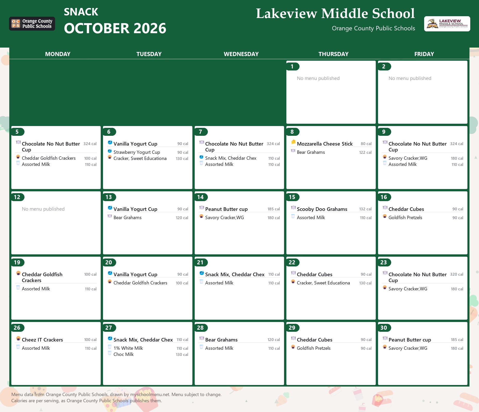 Lakeview Middle School snack menu for October 2026 &mdash; Orange County Public Schools