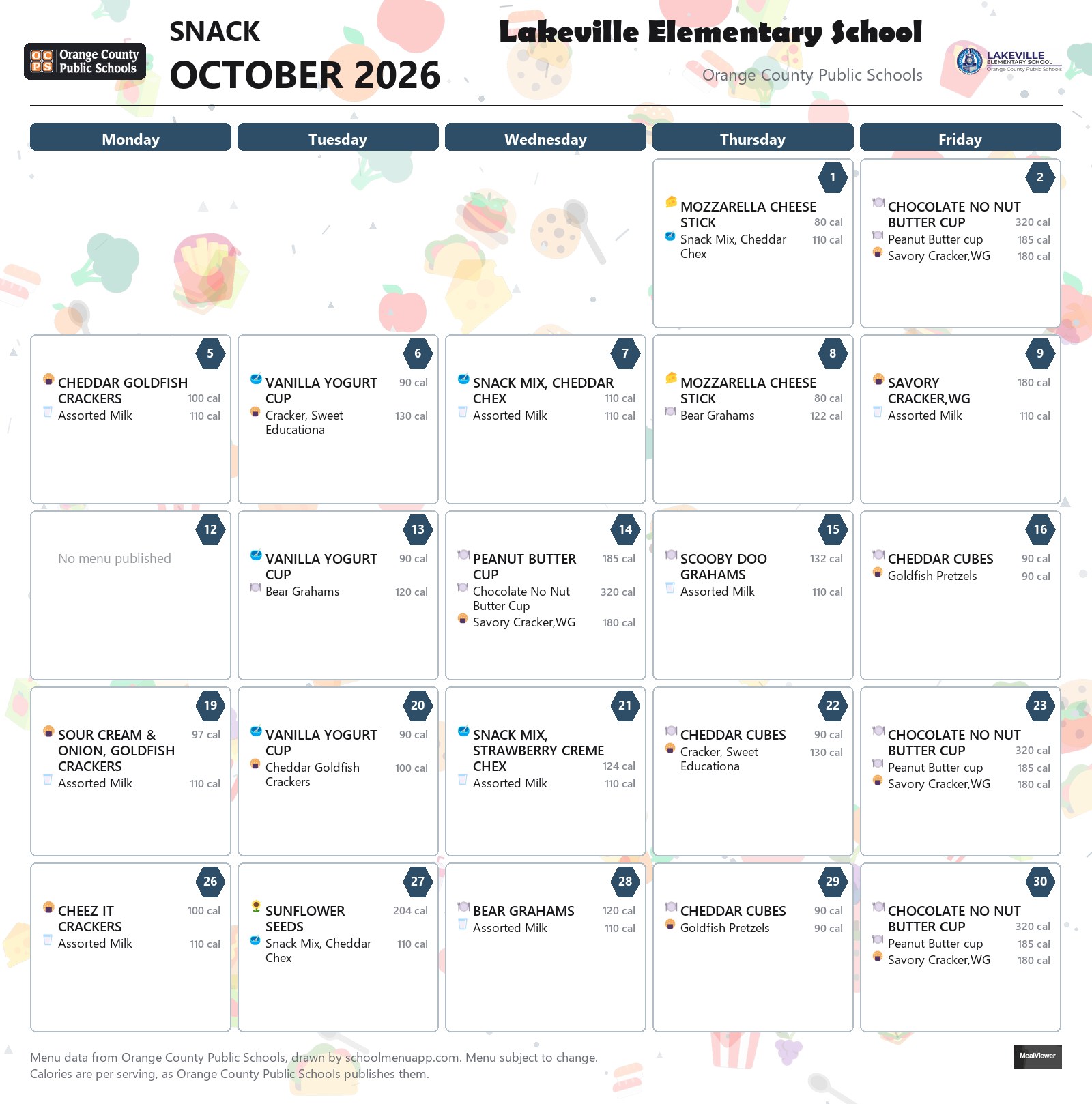 Lakeville Elementary School snack menu for October 2026 &mdash; Orange County Public Schools