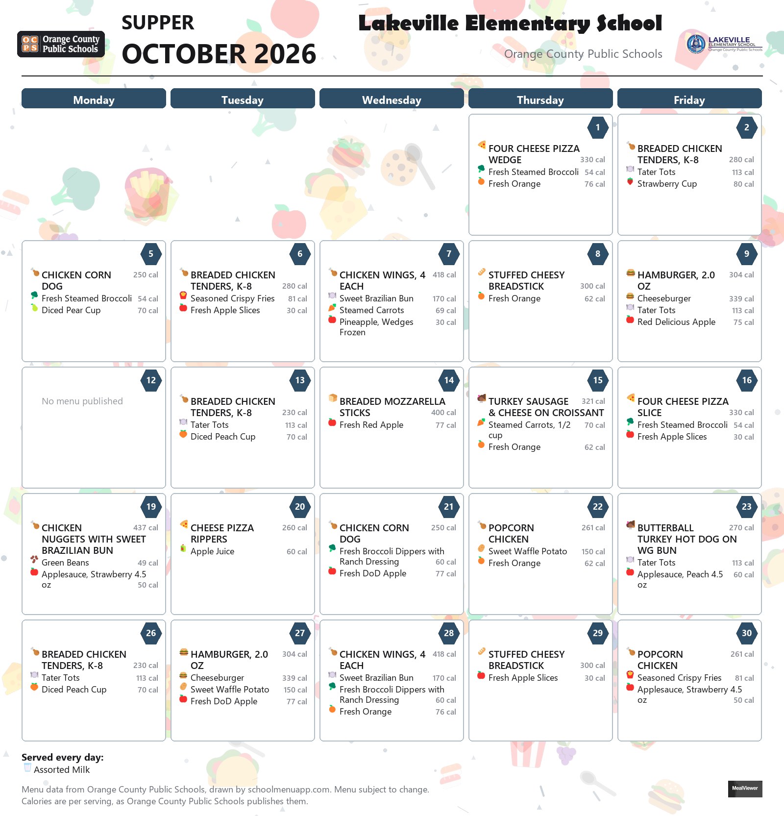 Lakeville Elementary School supper menu for October 2026 &mdash; Orange County Public Schools