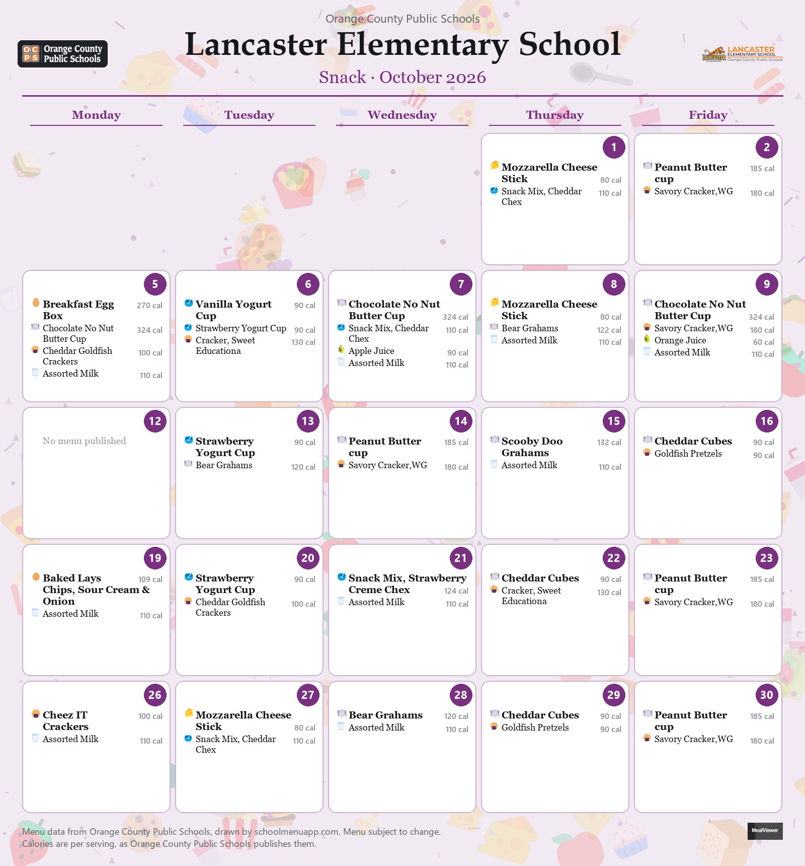 Lancaster Elementary School snack menu for October 2026 &mdash; Orange County Public Schools