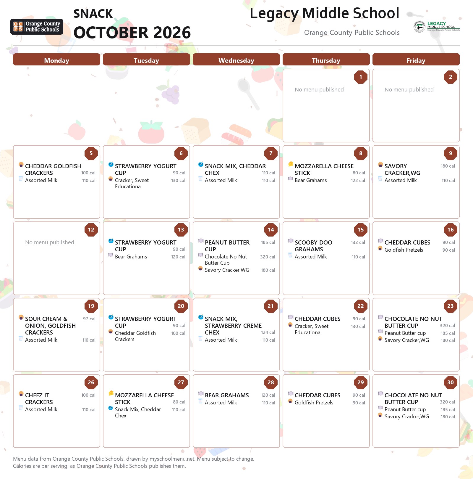 Legacy Middle School snack menu for October 2026 &mdash; Orange County Public Schools