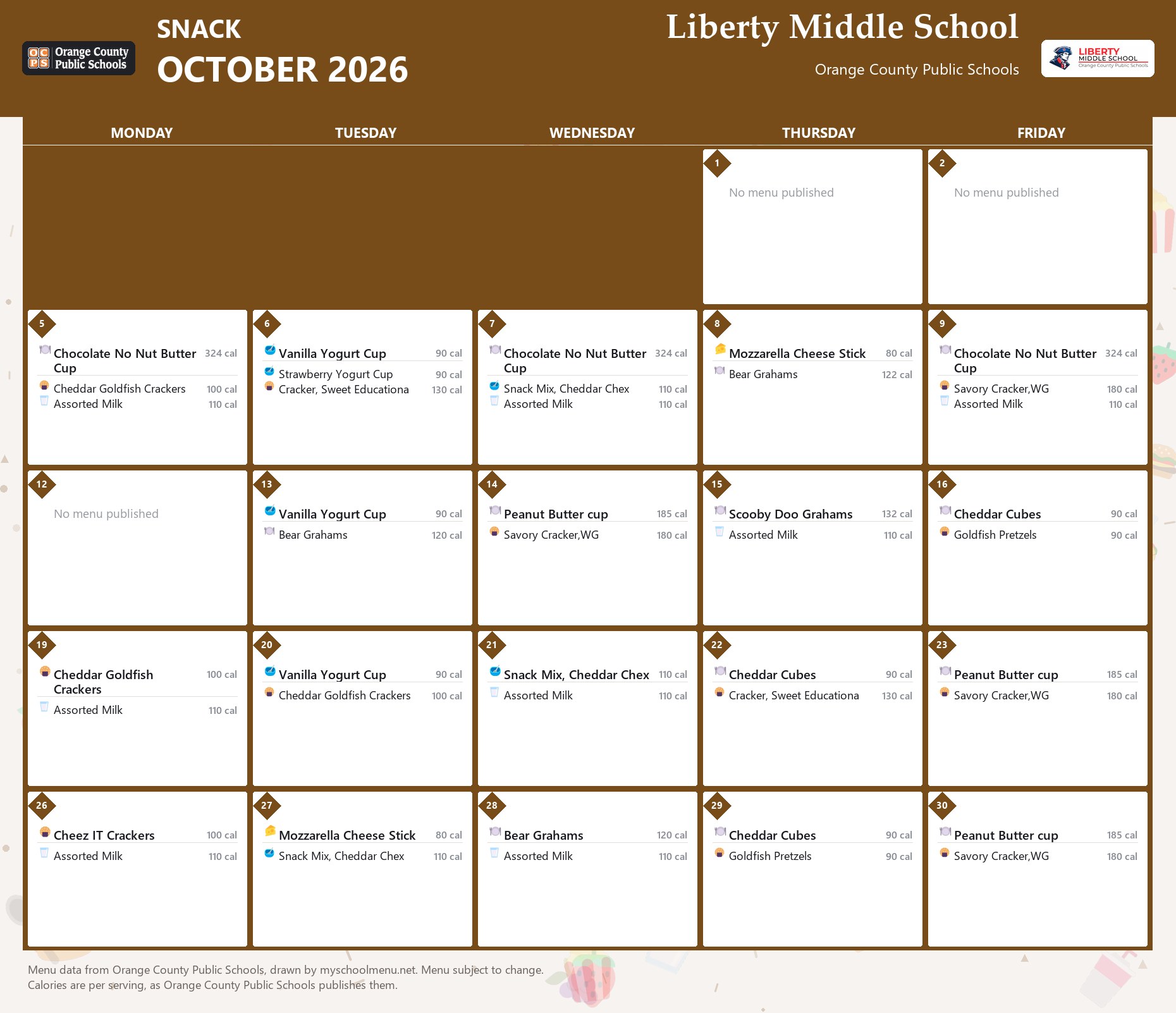 Liberty Middle School snack menu for October 2026 &mdash; Orange County Public Schools