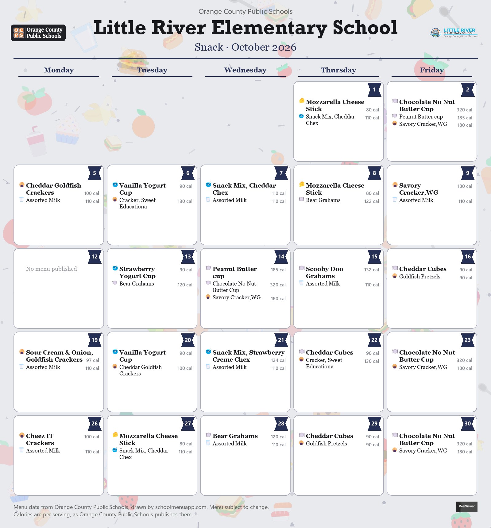 Little River Elementary School snack menu for October 2026 &mdash; Orange County Public Schools