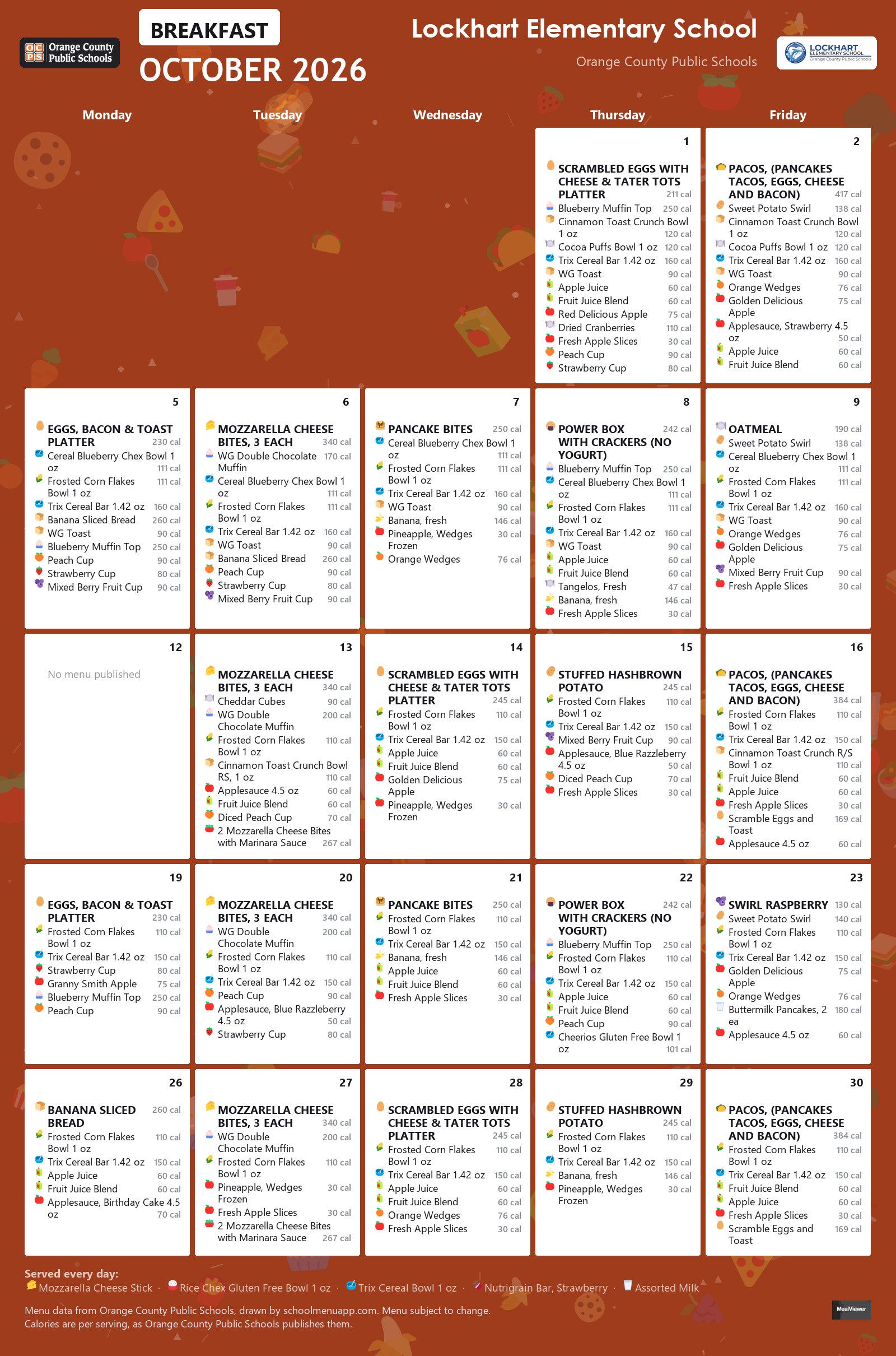 Lockhart Elementary School breakfast menu for October 2026 &mdash; Orange County Public Schools