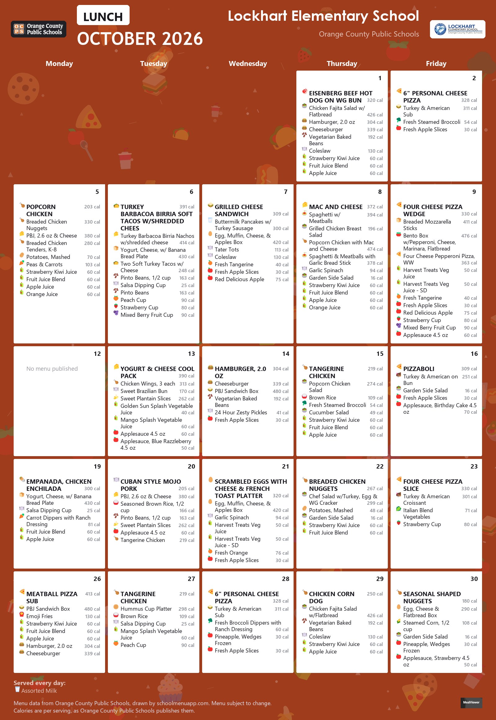 Lockhart Elementary School lunch menu for October 2026 &mdash; Orange County Public Schools