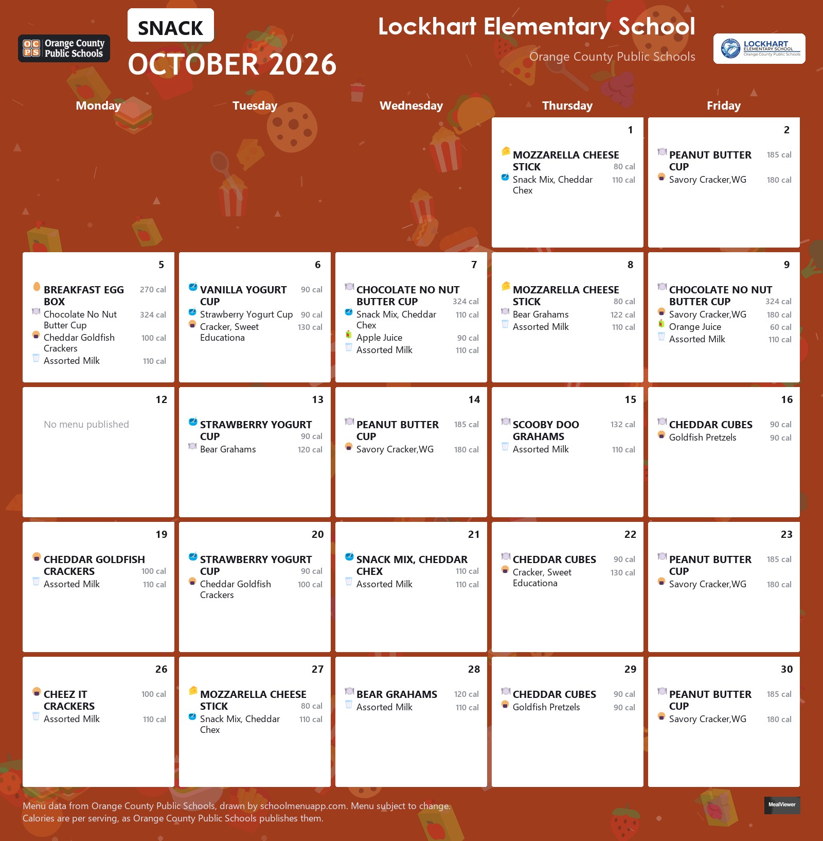 Lockhart Elementary School snack menu for October 2026 &mdash; Orange County Public Schools
