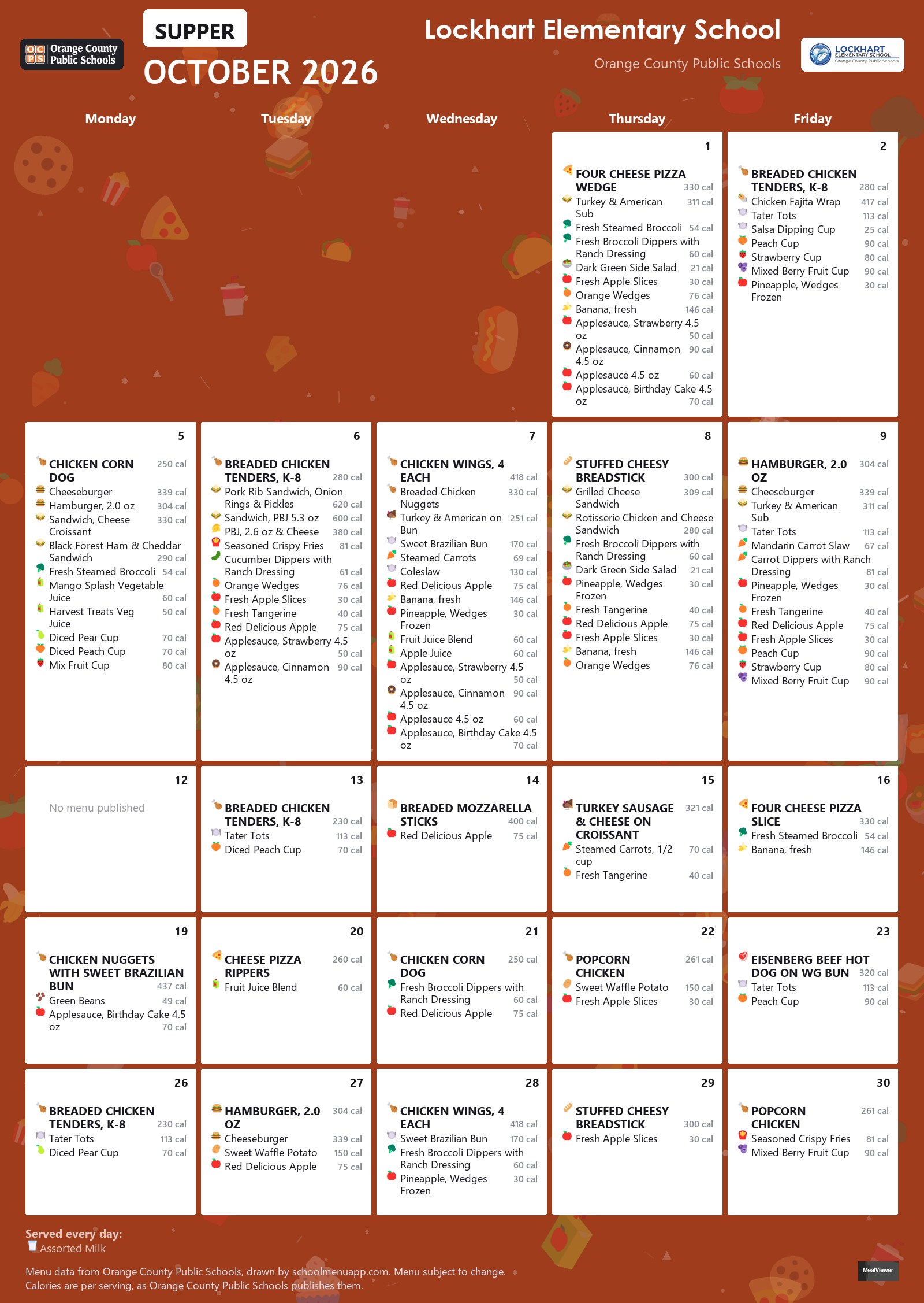 Lockhart Elementary School supper menu for October 2026 &mdash; Orange County Public Schools