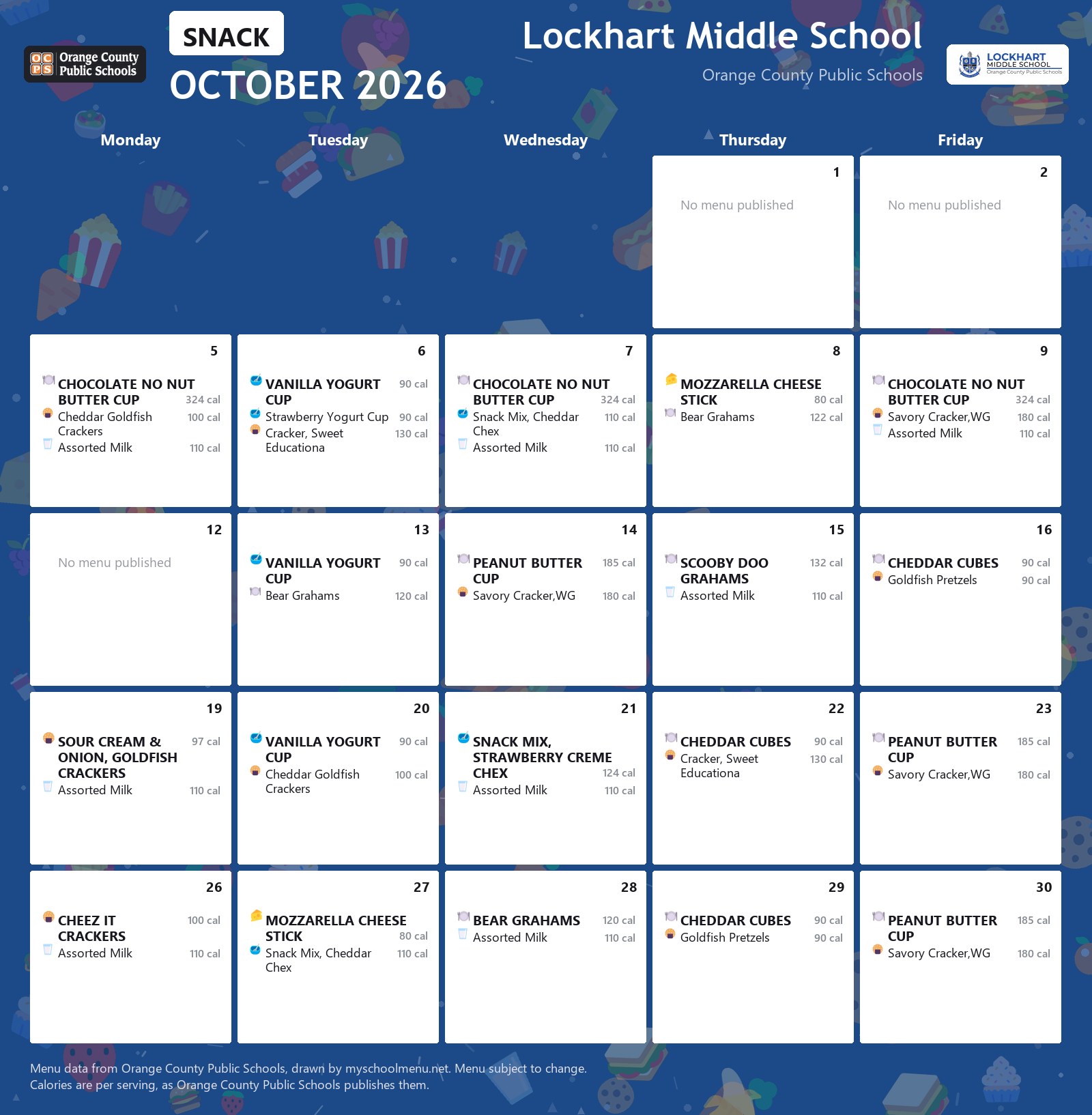 Lockhart Middle School snack menu for October 2026 &mdash; Orange County Public Schools