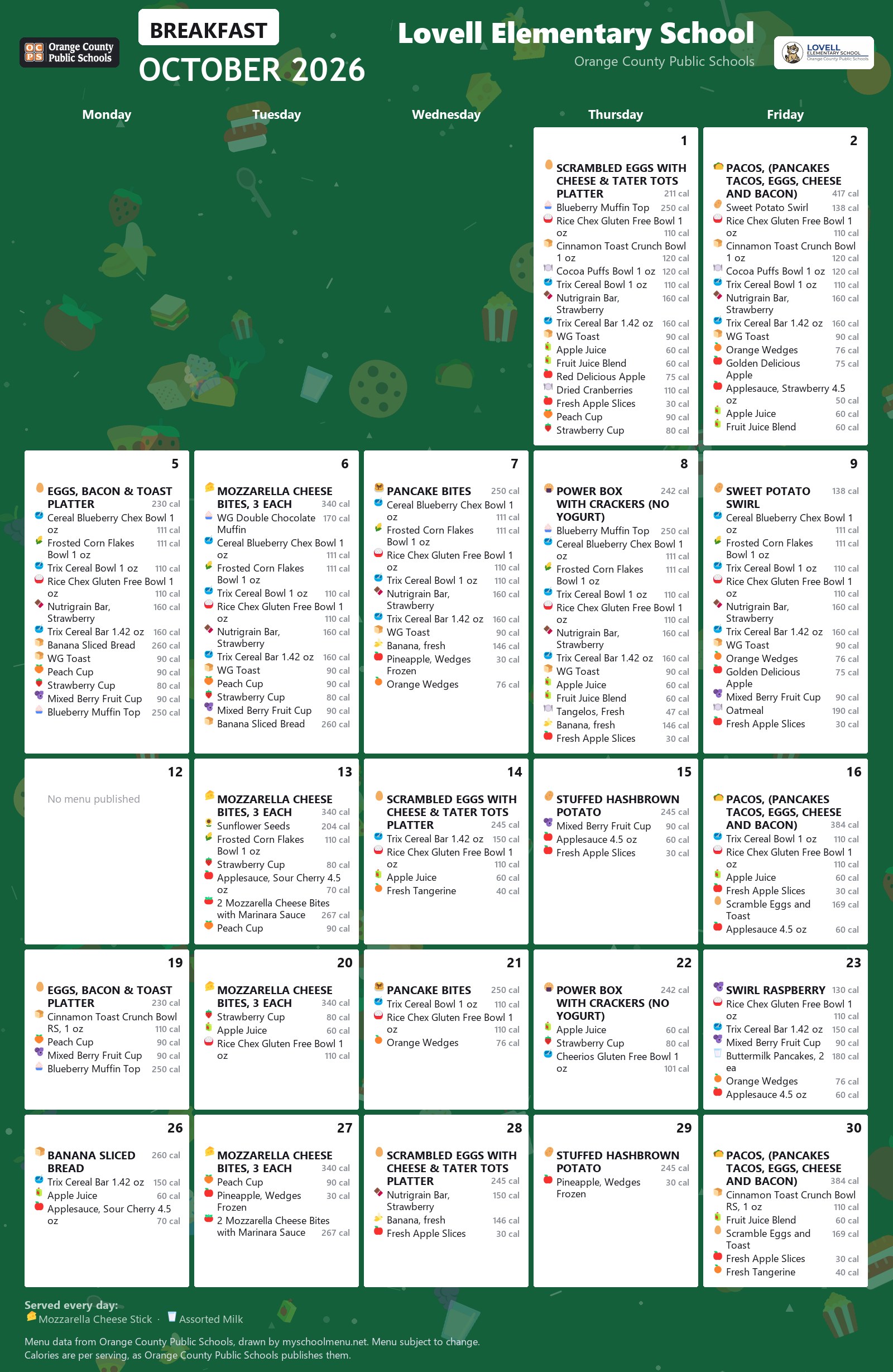 Lovell Elementary School breakfast menu for October 2026 &mdash; Orange County Public Schools