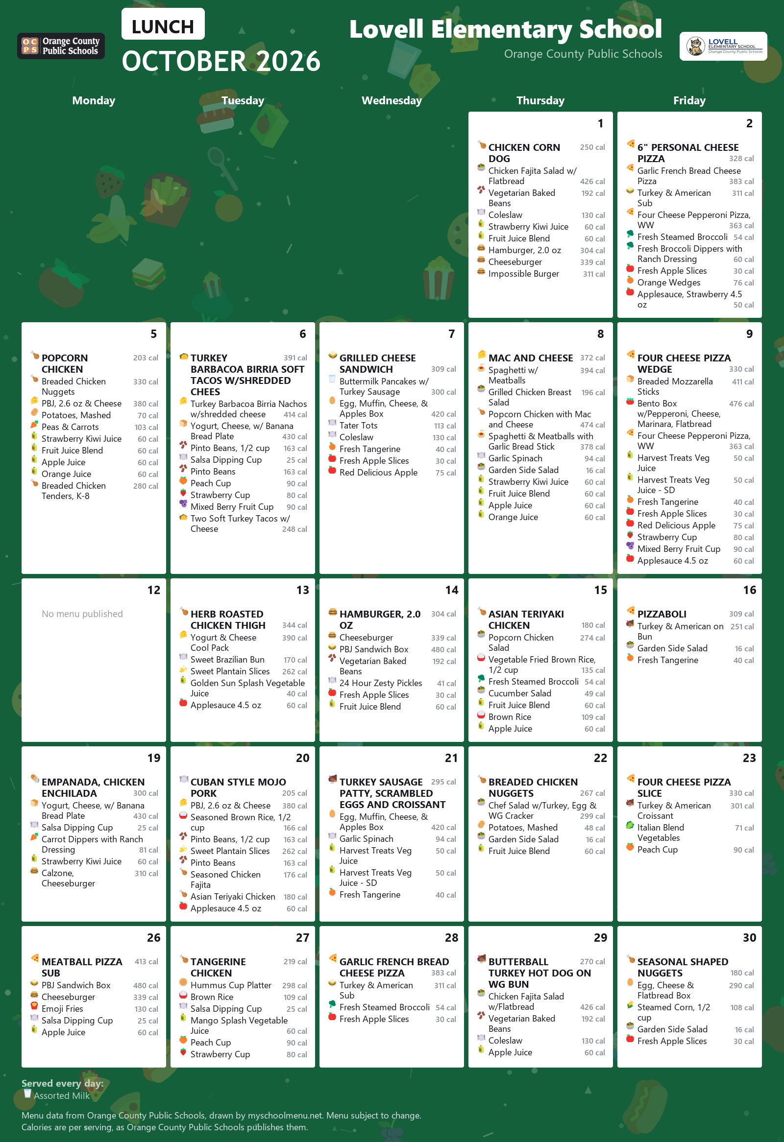 Lovell Elementary School lunch menu for October 2026 &mdash; Orange County Public Schools