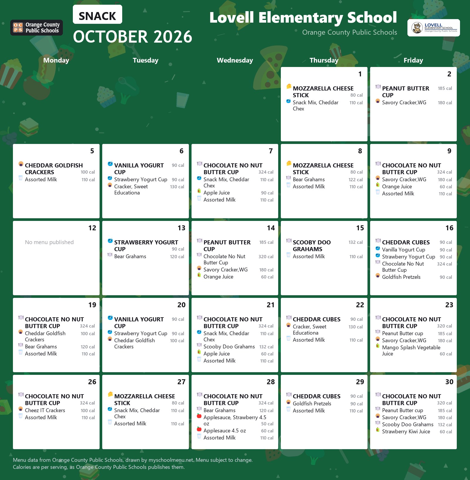 Lovell Elementary School snack menu for October 2026 &mdash; Orange County Public Schools