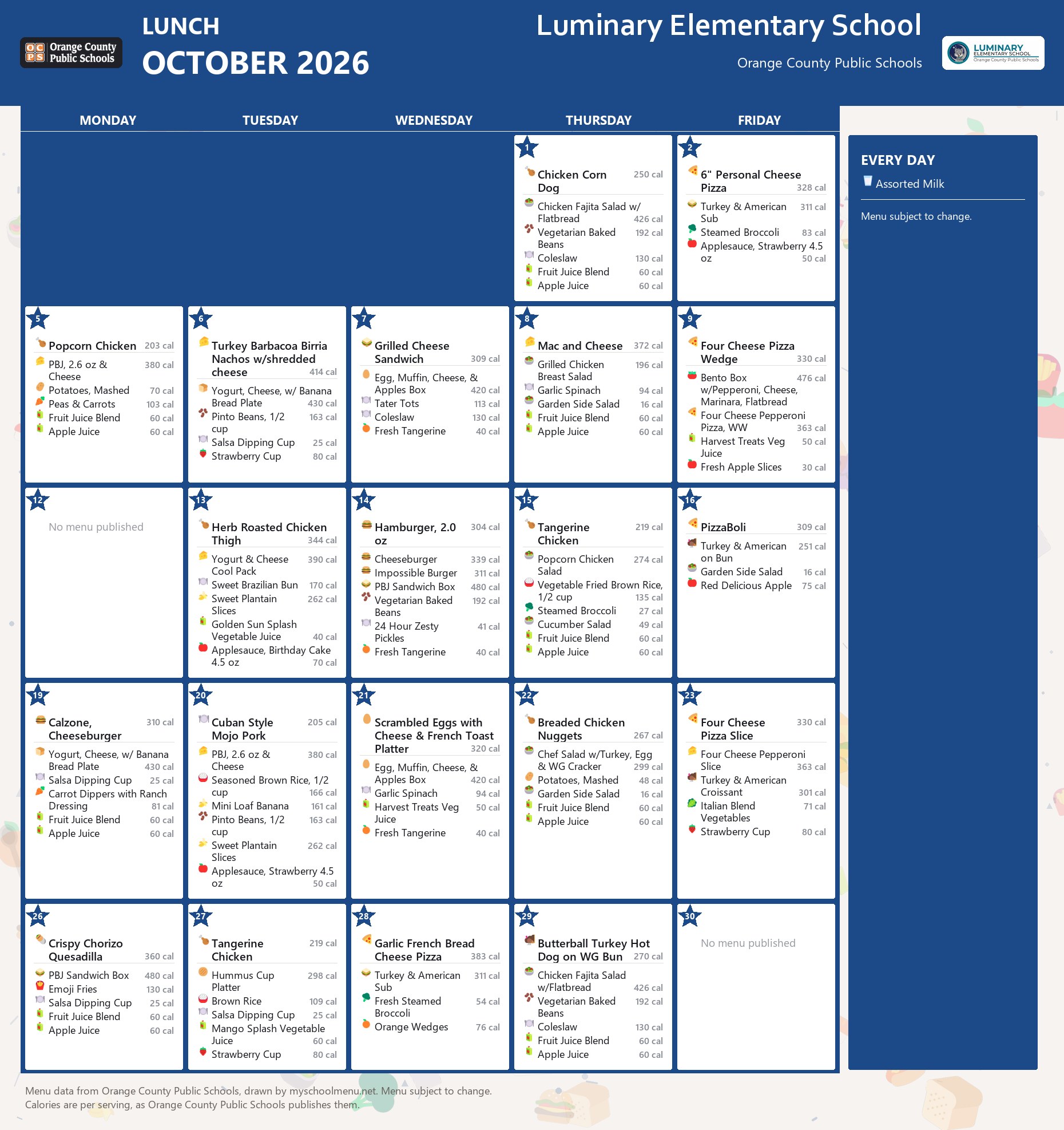 Luminary Elementary School lunch menu for October 2026 &mdash; Orange County Public Schools