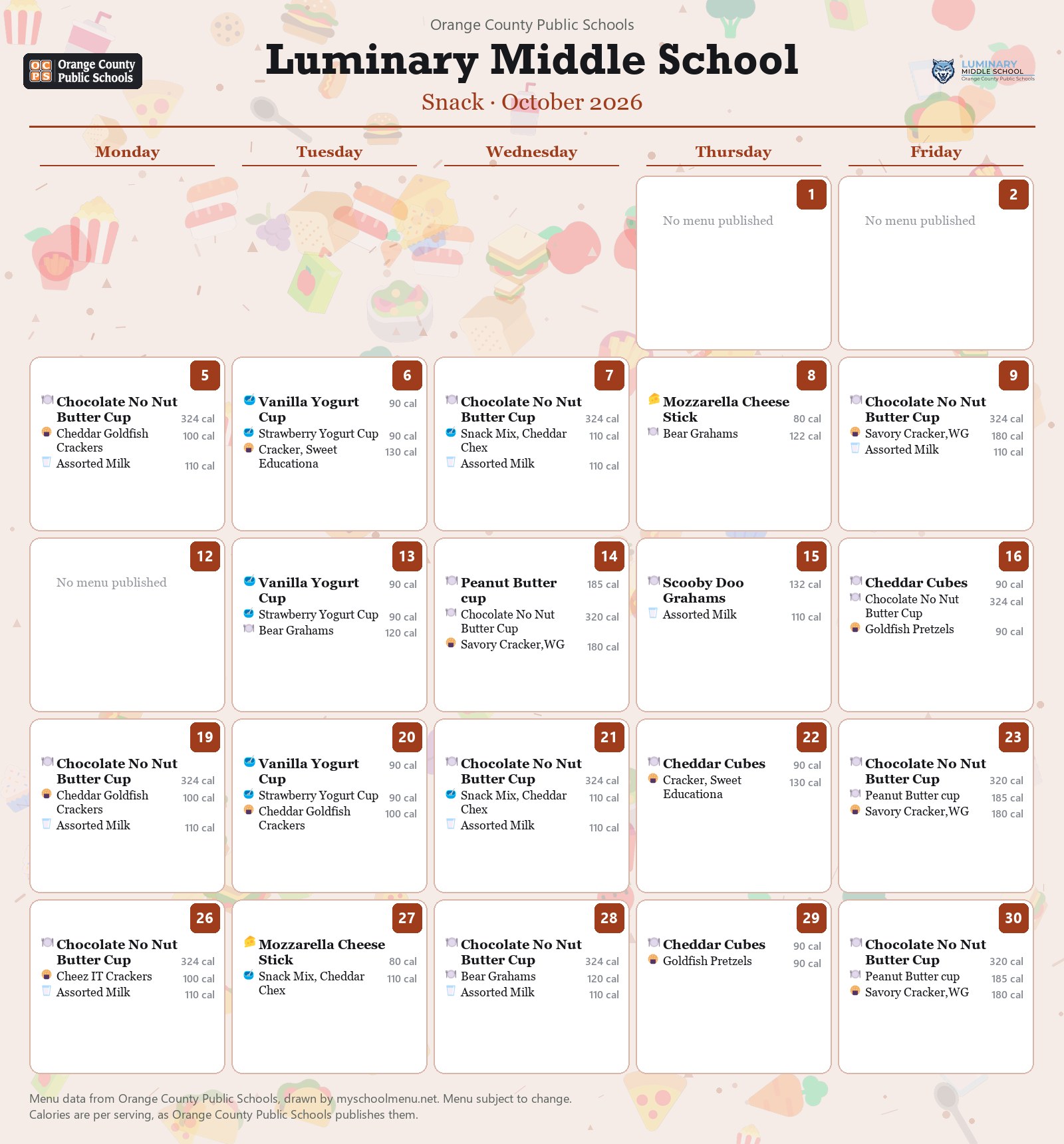 Luminary Middle School snack menu for October 2026 &mdash; Orange County Public Schools