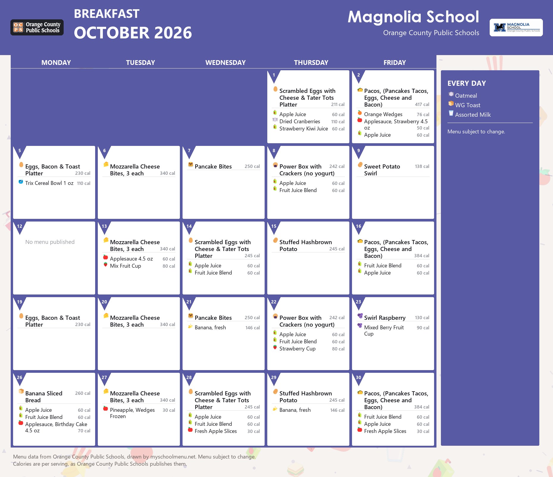 Magnolia School breakfast menu for October 2026 &mdash; Orange County Public Schools
