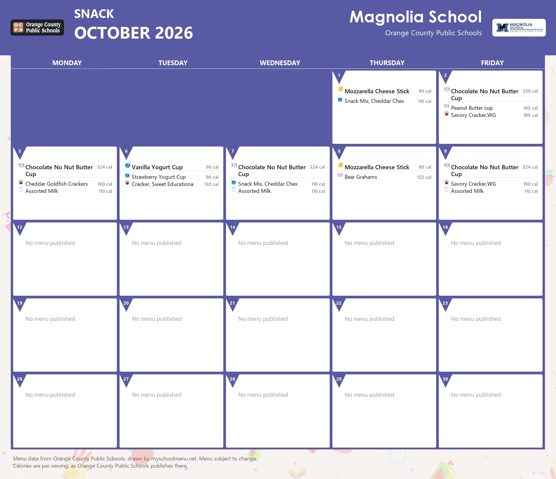 Magnolia School snack menu for October 2026 &mdash; Orange County Public Schools