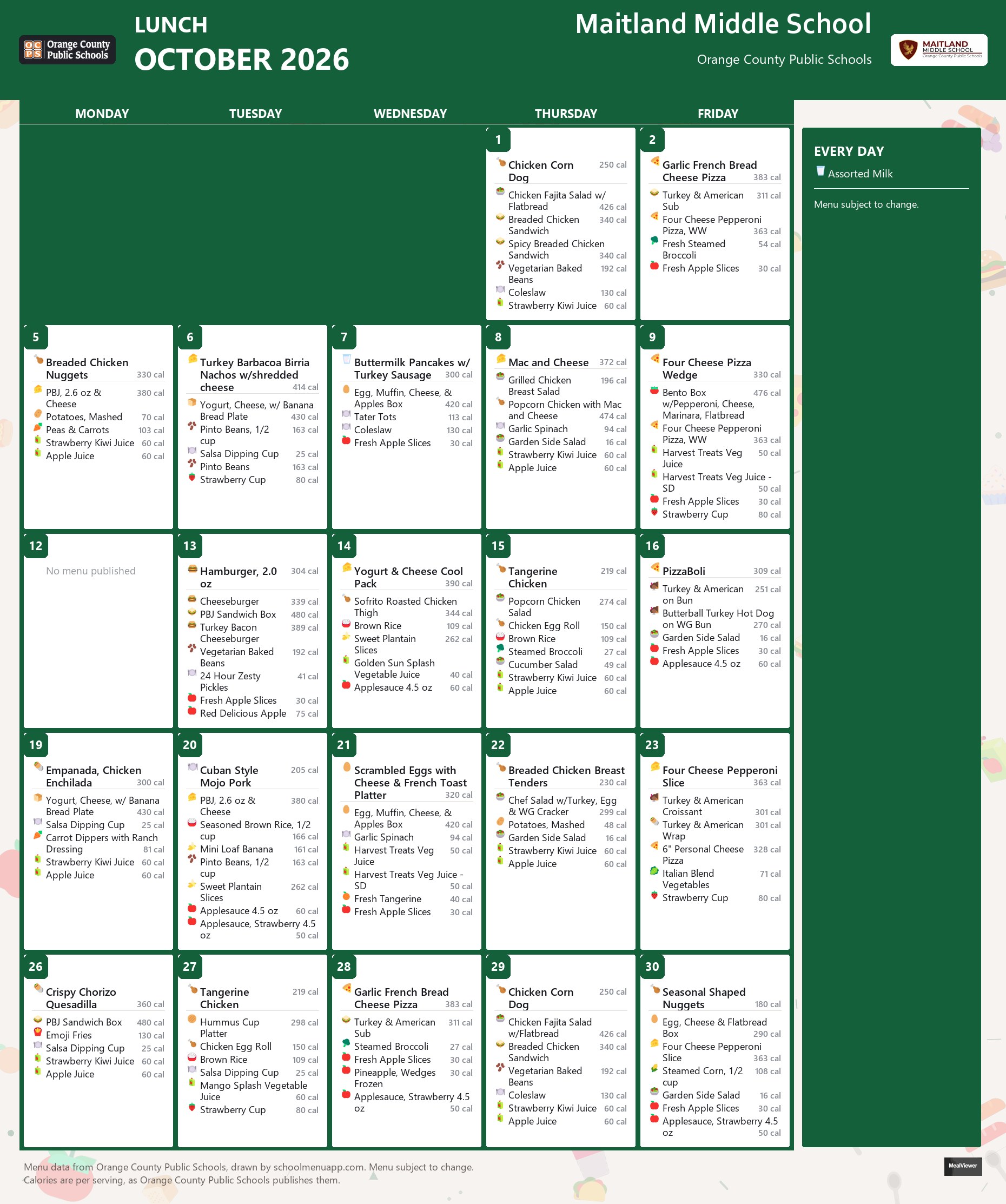 Maitland Middle School lunch menu for October 2026 &mdash; Orange County Public Schools