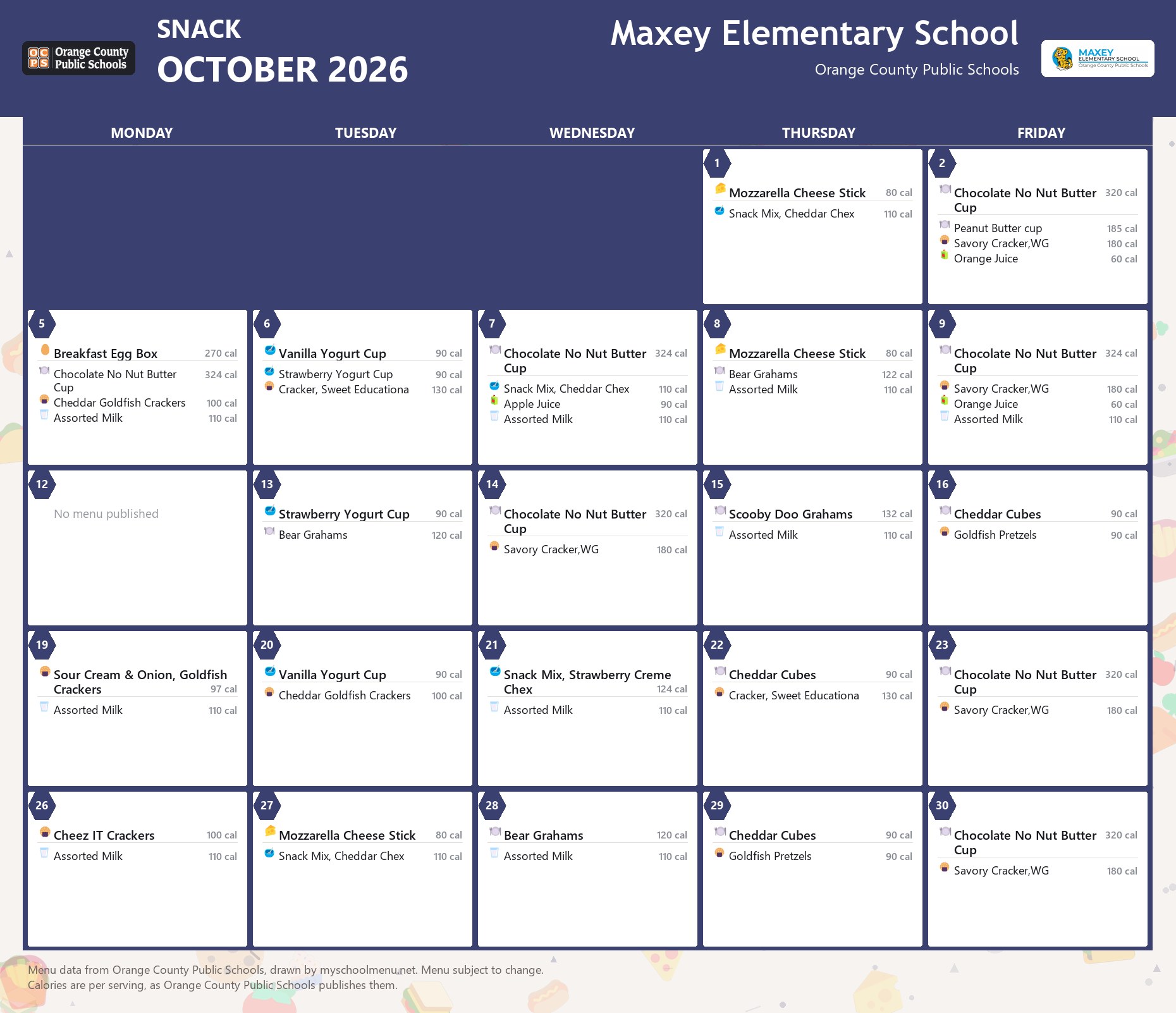 Maxey Elementary School snack menu for October 2026 &mdash; Orange County Public Schools