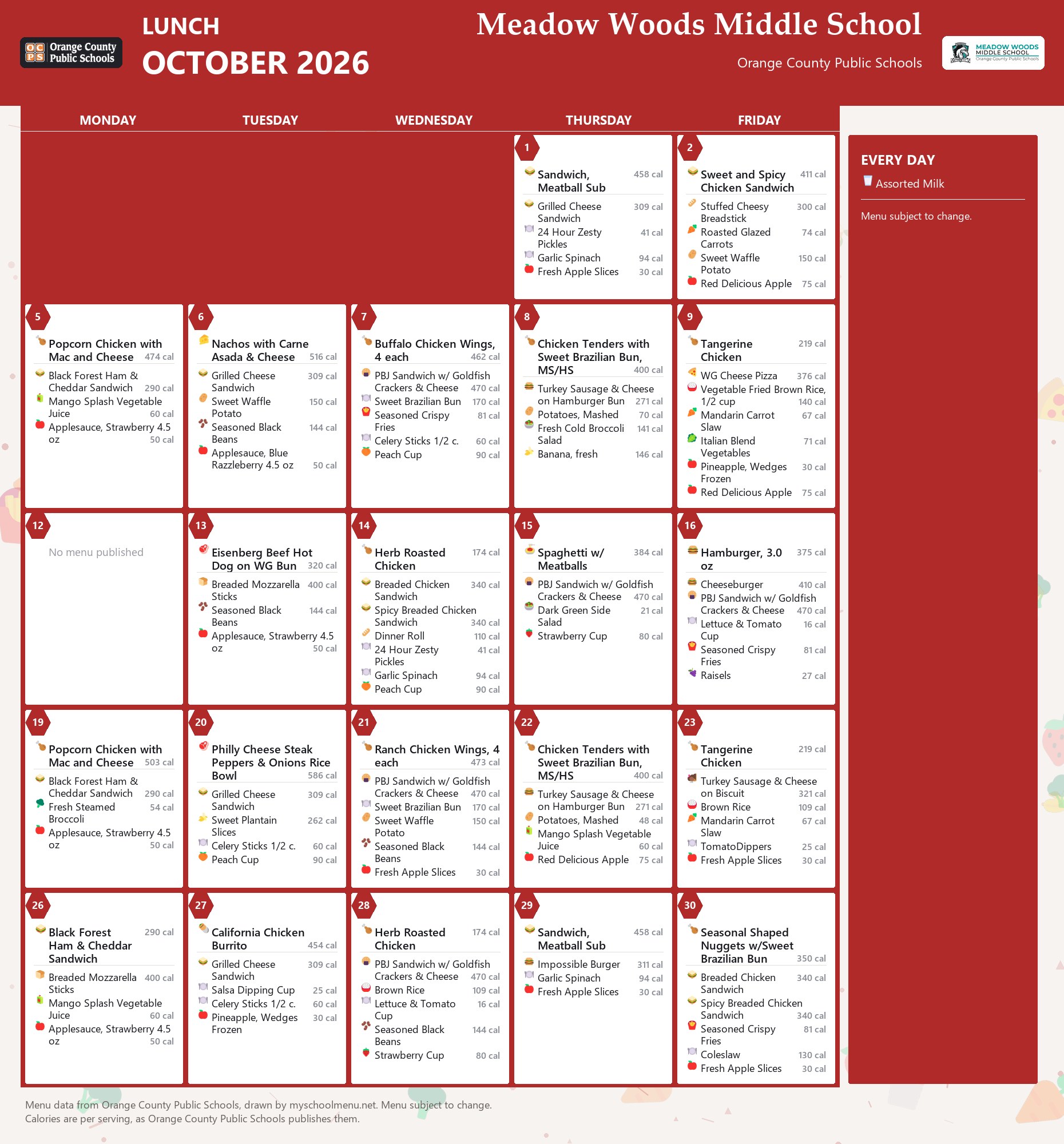 Meadow Woods Middle School lunch menu for October 2026 &mdash; Orange County Public Schools