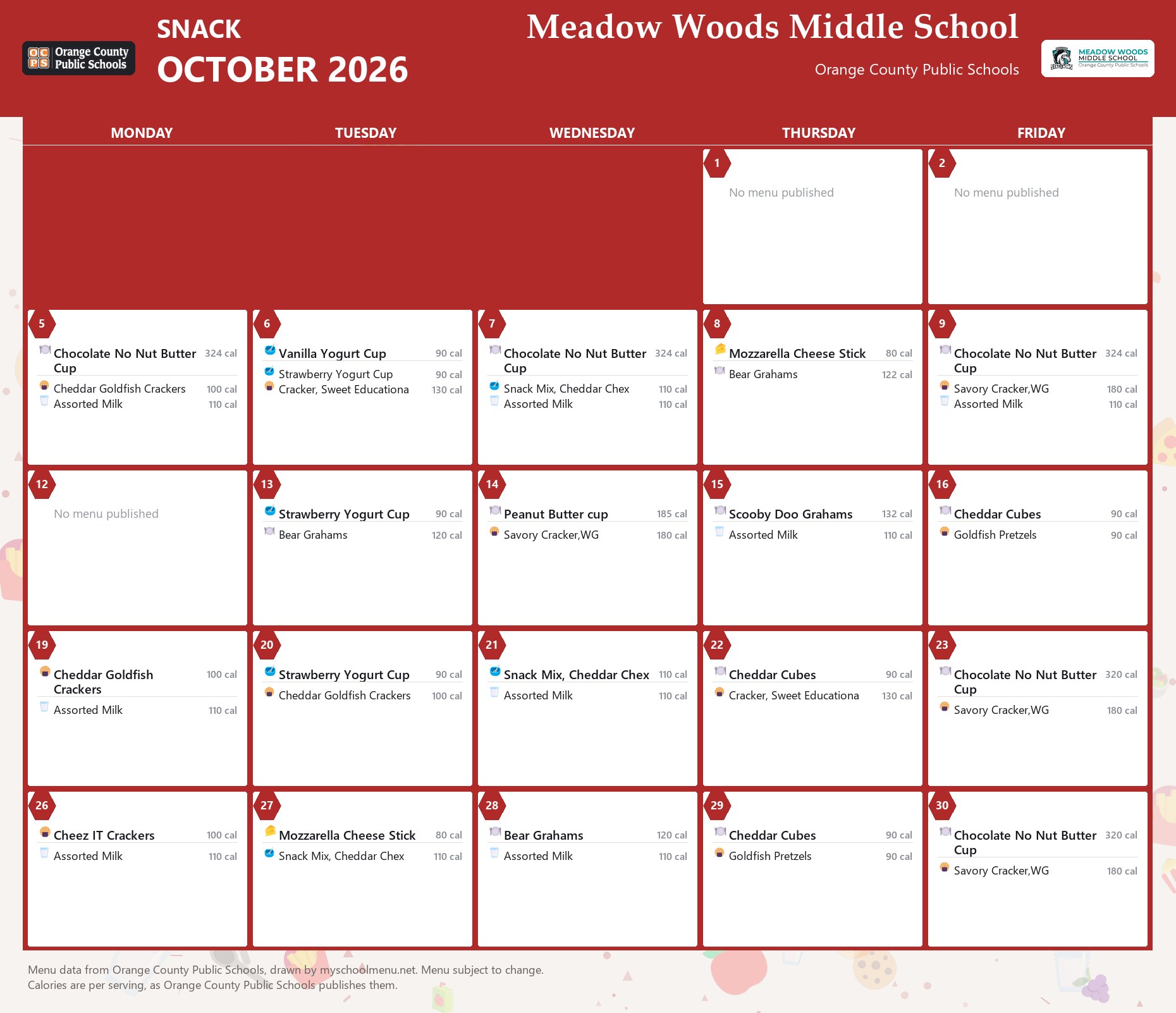 Meadow Woods Middle School snack menu for October 2026 &mdash; Orange County Public Schools