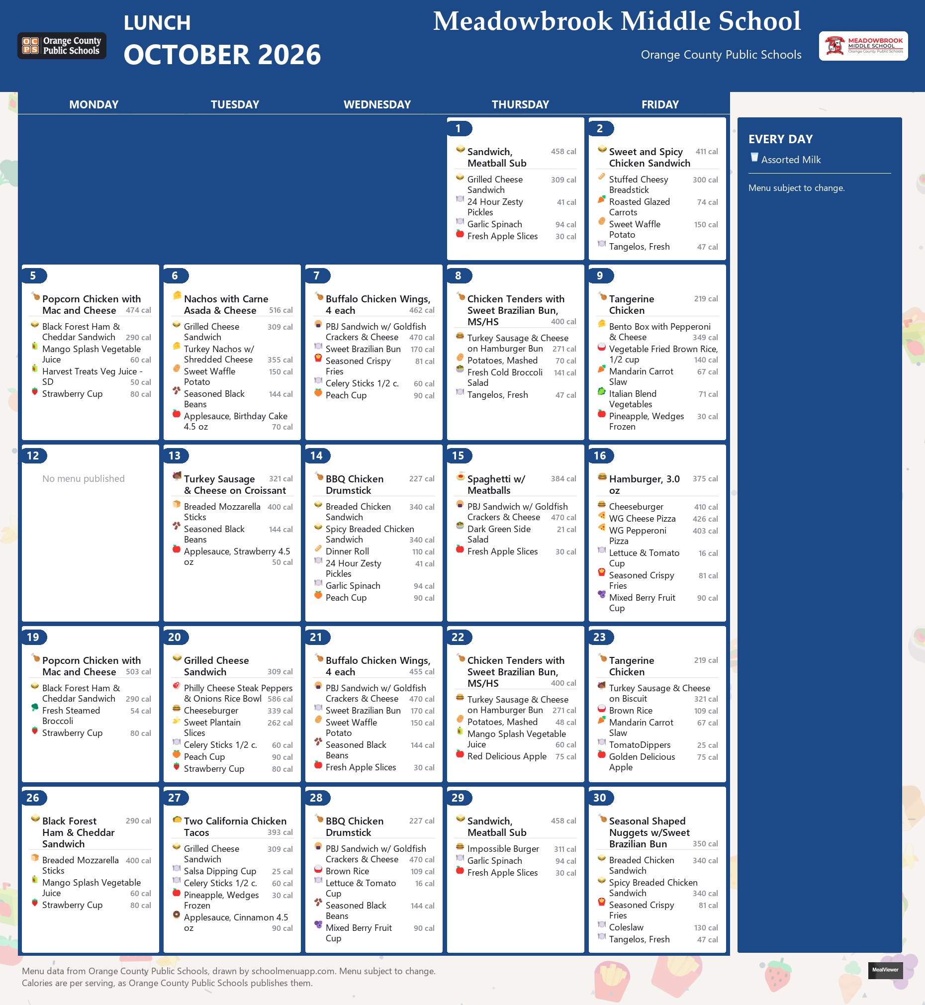 Meadowbrook Middle School lunch menu for October 2026 &mdash; Orange County Public Schools